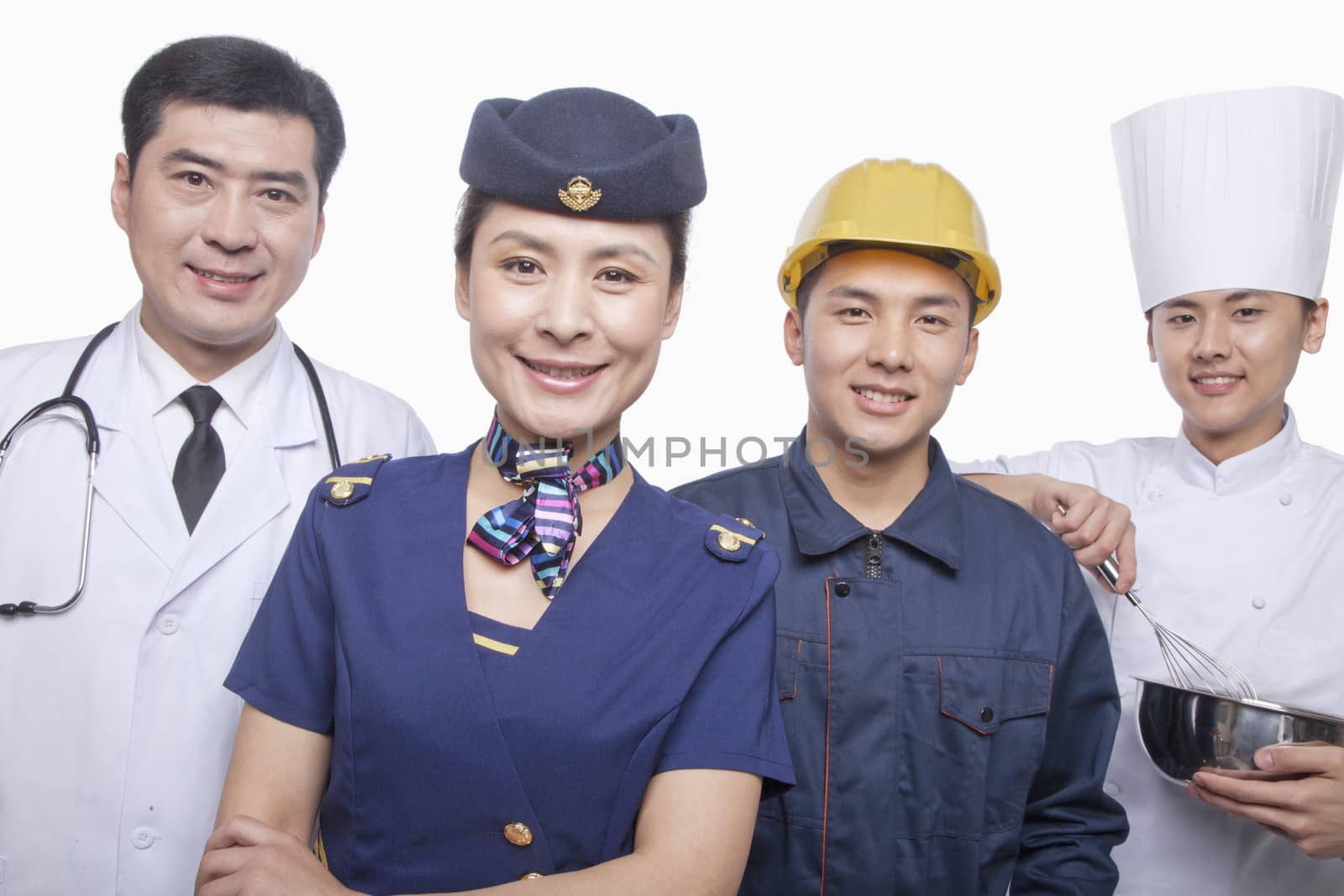 Portrait of Doctor, Air Stewardess, Construction Worker, and Chef- Studio Shot