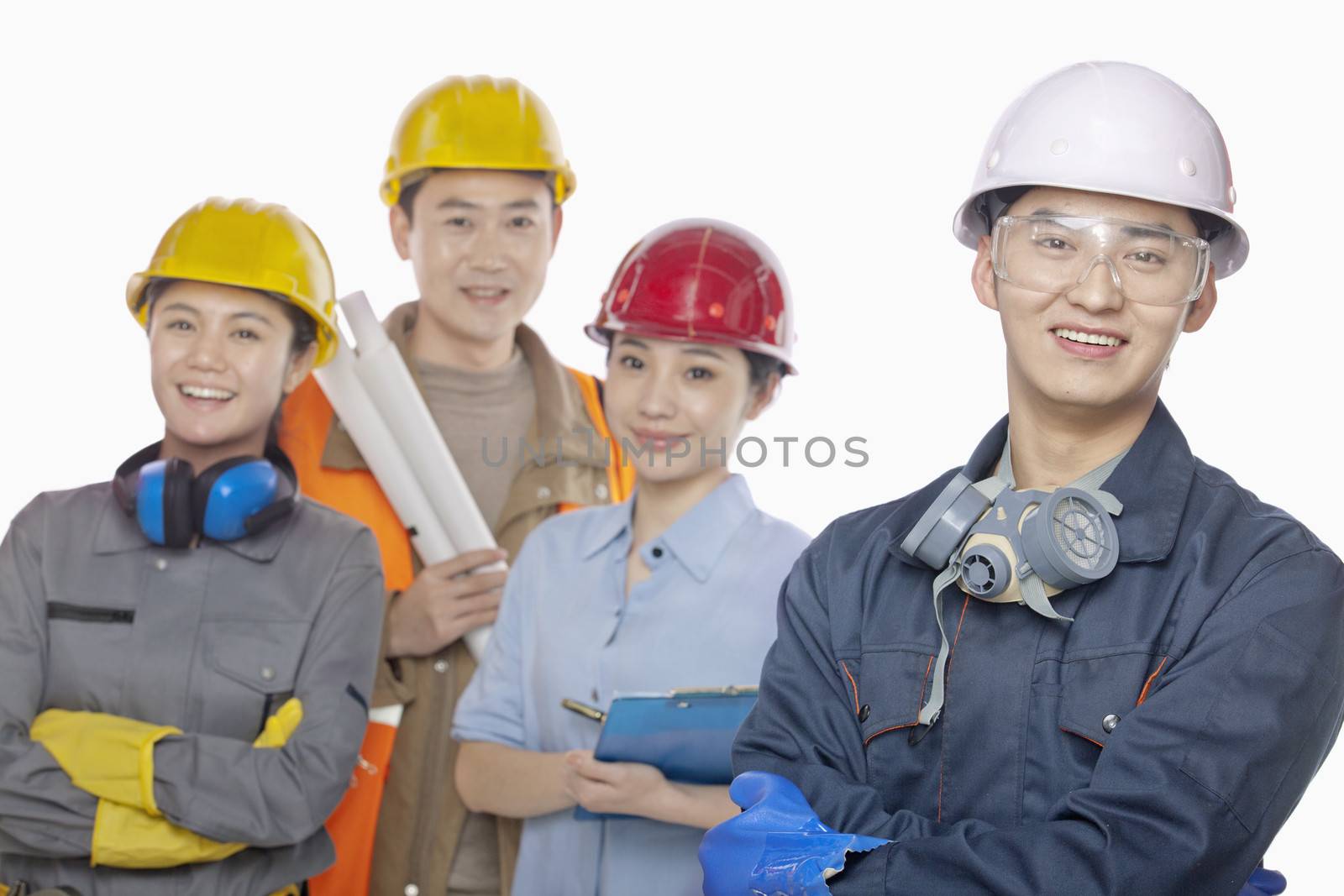 Four construction workers against white background, focus in foreground by XiXinXing