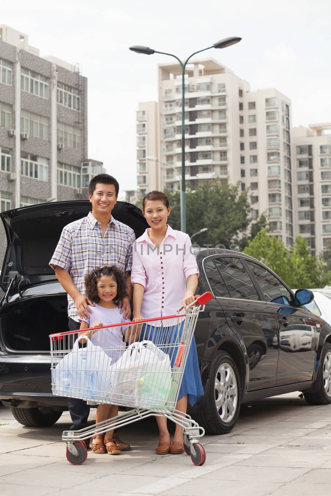 Family with shopping cart standing next to the car