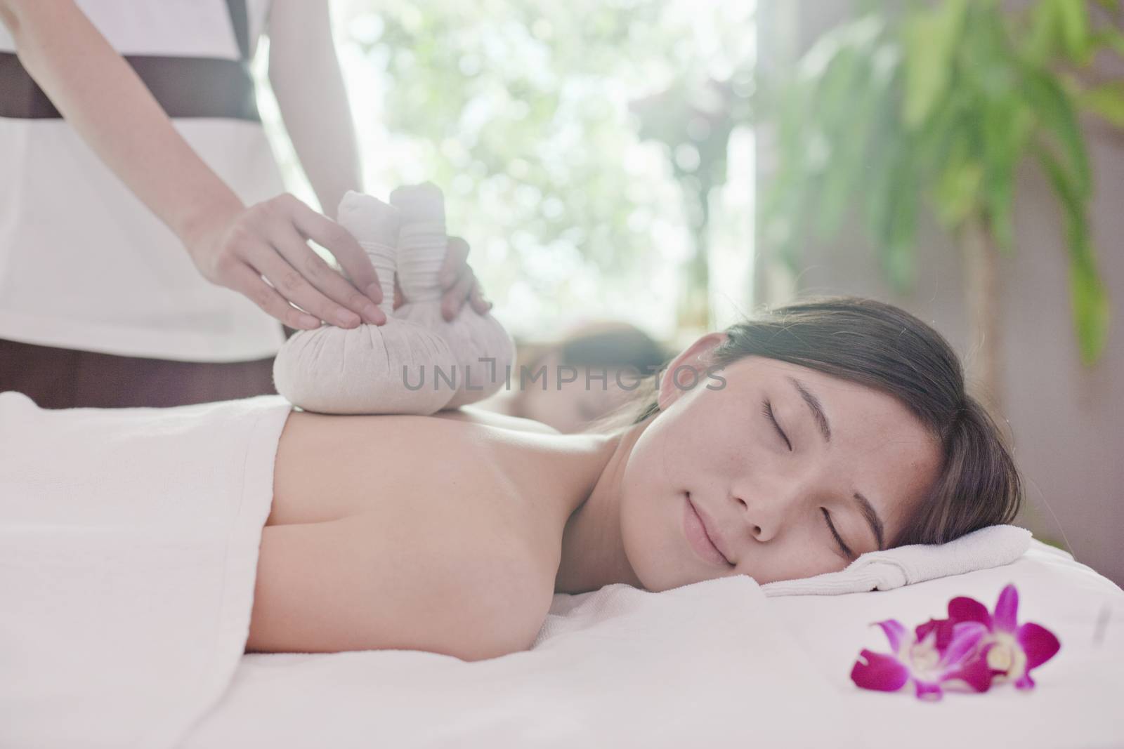 Women Receiving Herbal Massage