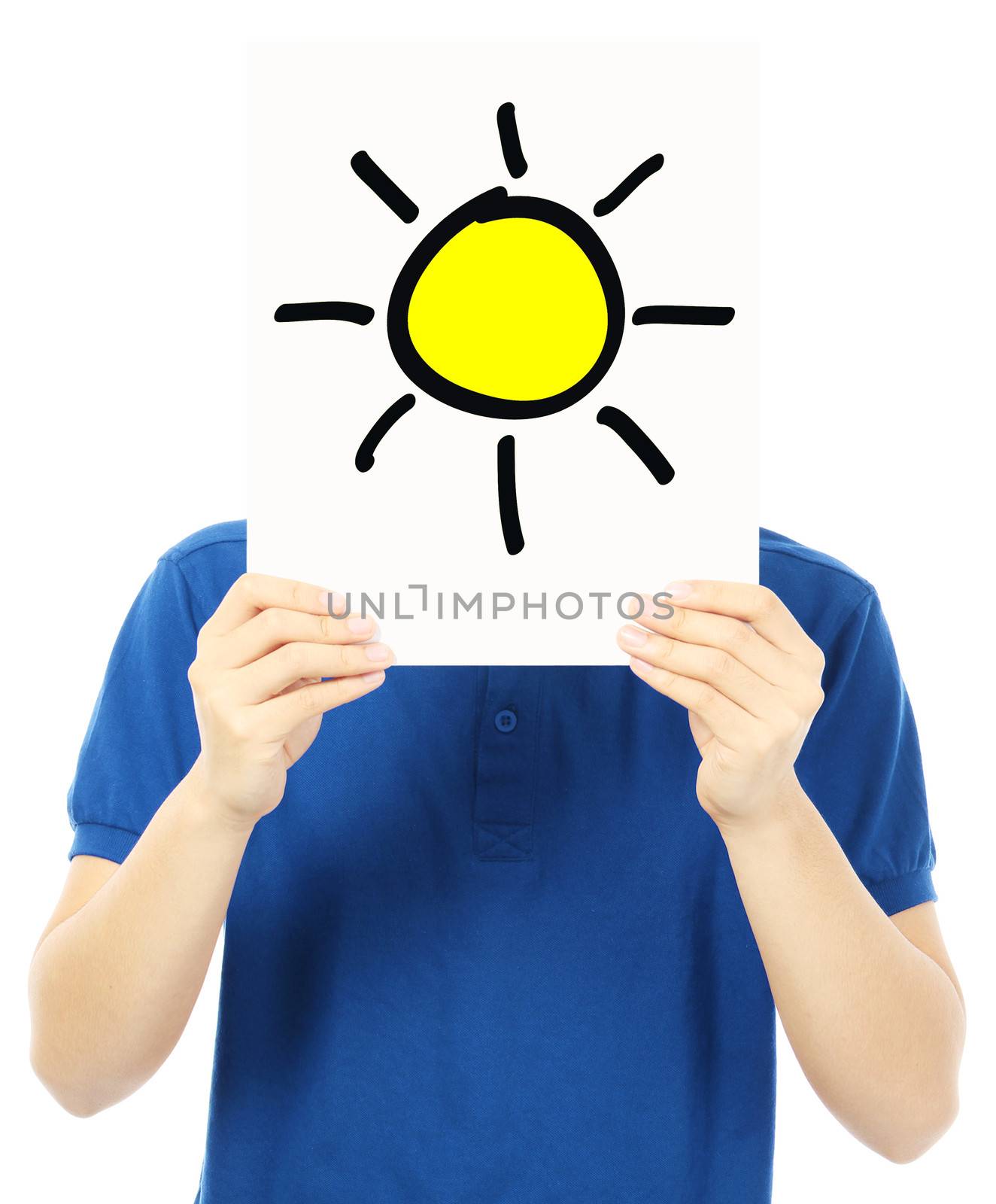 A teenager holding a signboard with a sketch of the sun shining