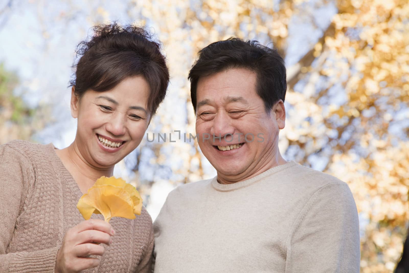 Mature Couple Looking at the Leaf in the Park by XiXinXing