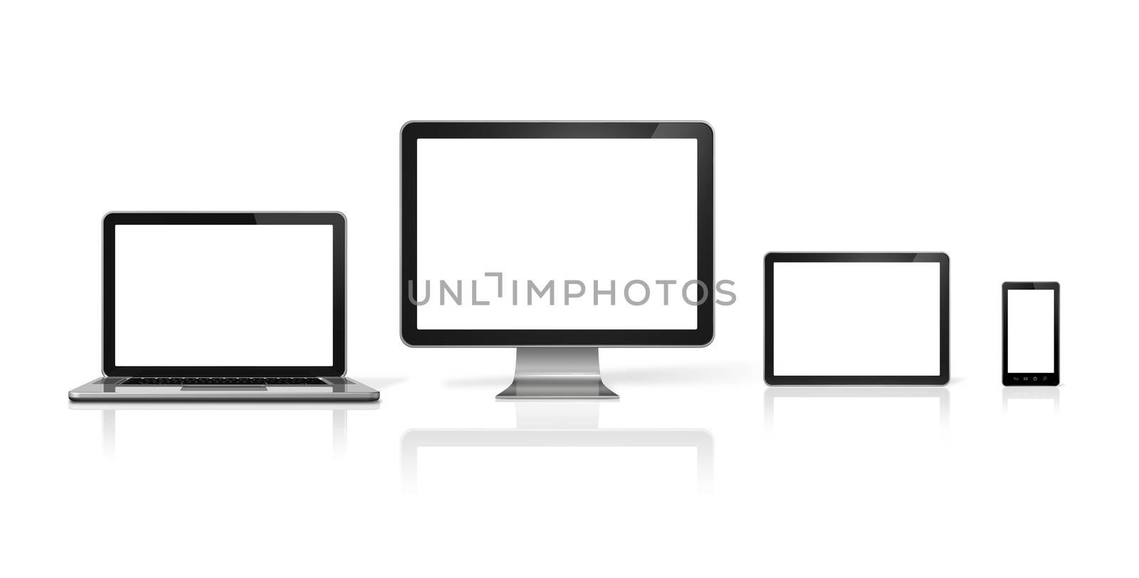 3D computer, laptop, mobile phone and digital tablet pc - isolated on white with clipping path