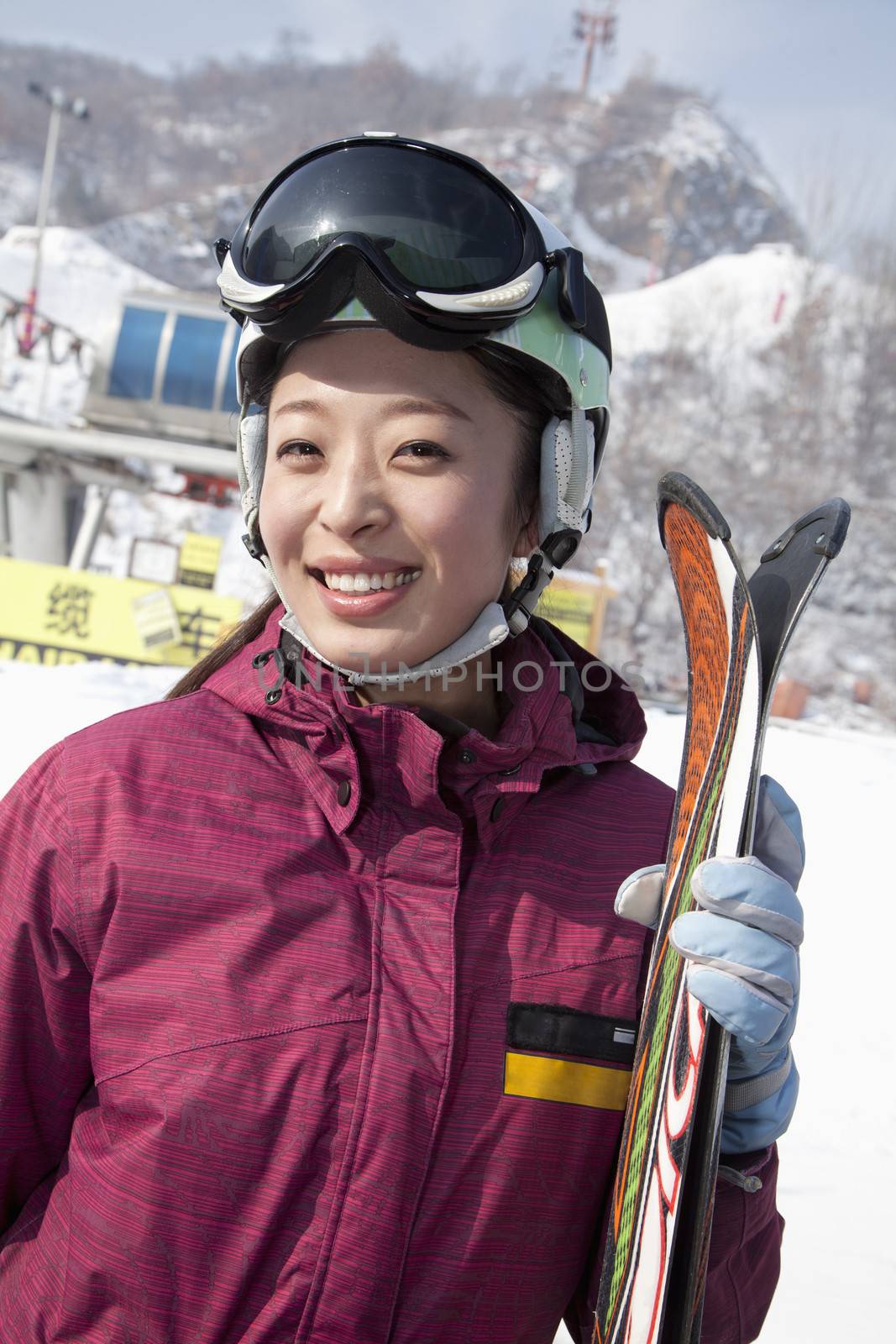 Smiling Woman in Ski Resort