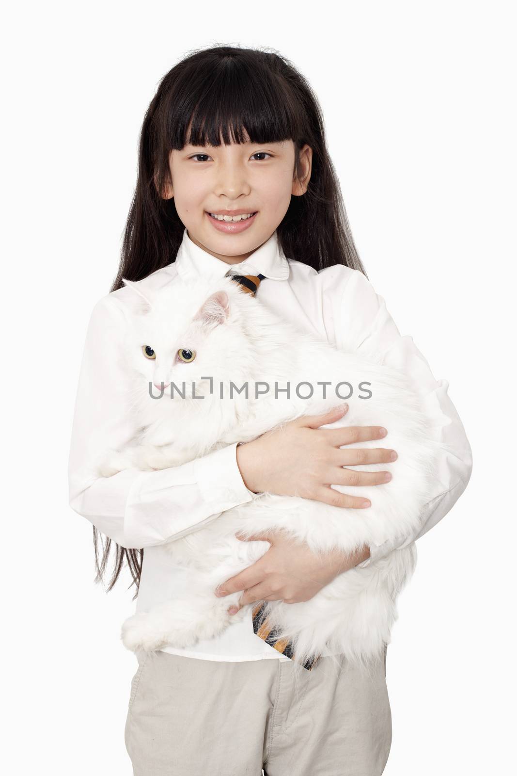 Portrait of girl in white holding a white cat by XiXinXing