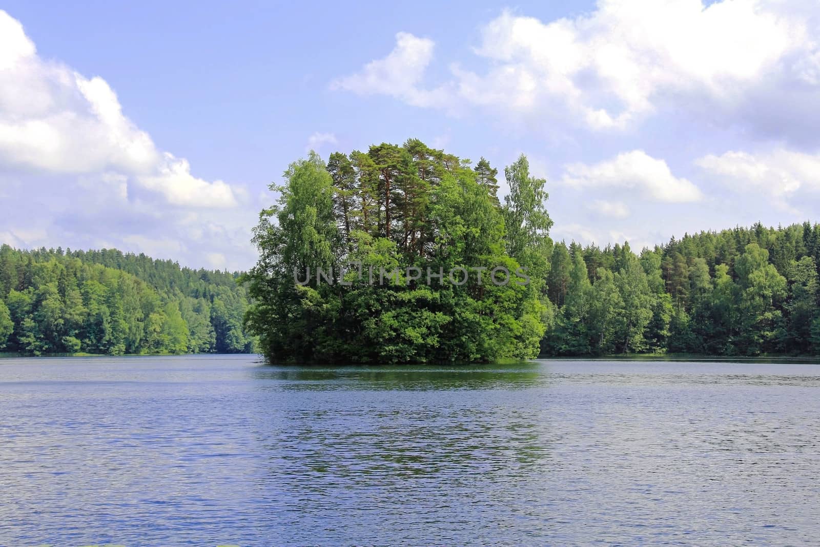 Small island on a clear lake at Saari National Park in Tammela, Finland at summer.