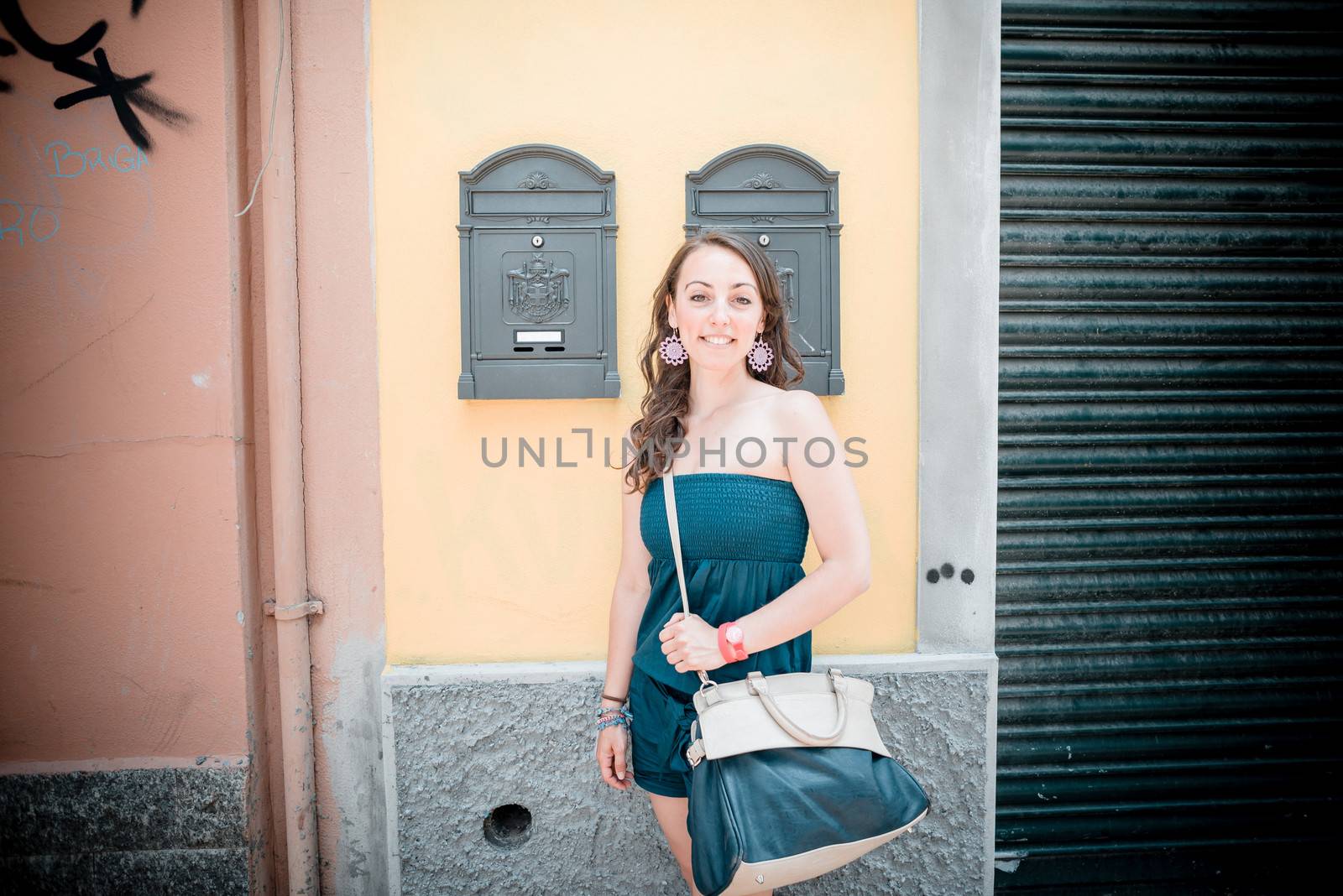beautiful woman in the city smiling