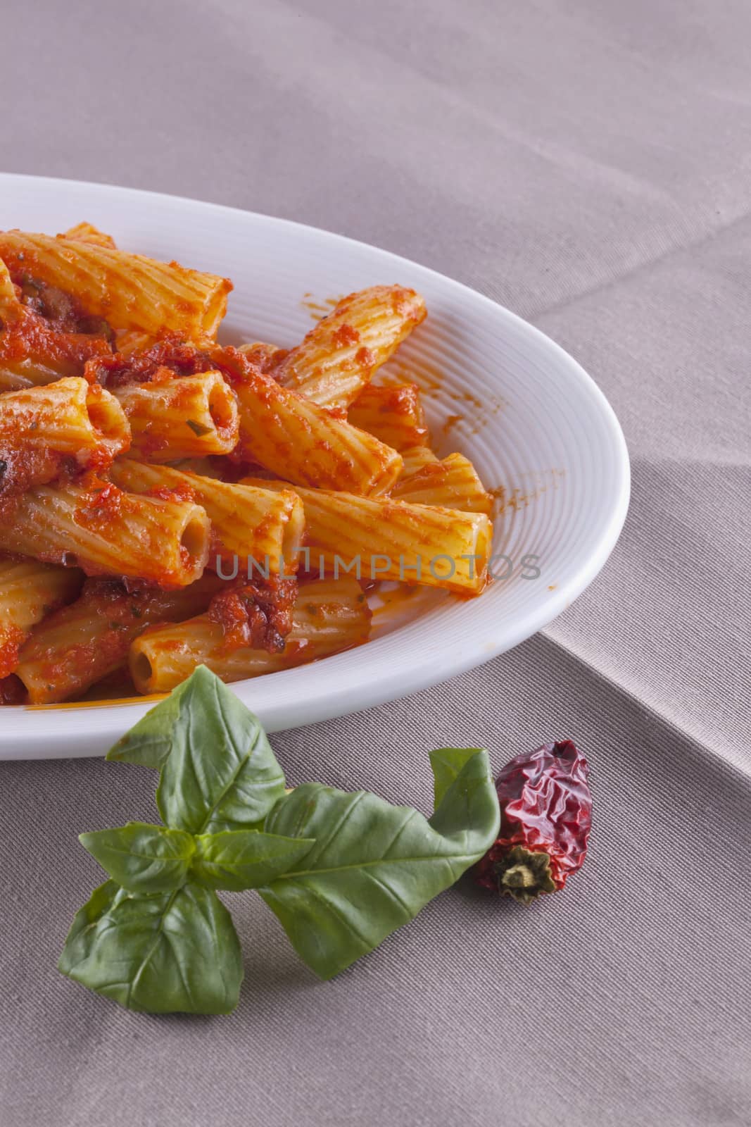 A plate full of tortiglioni with sauce, pepper and basil