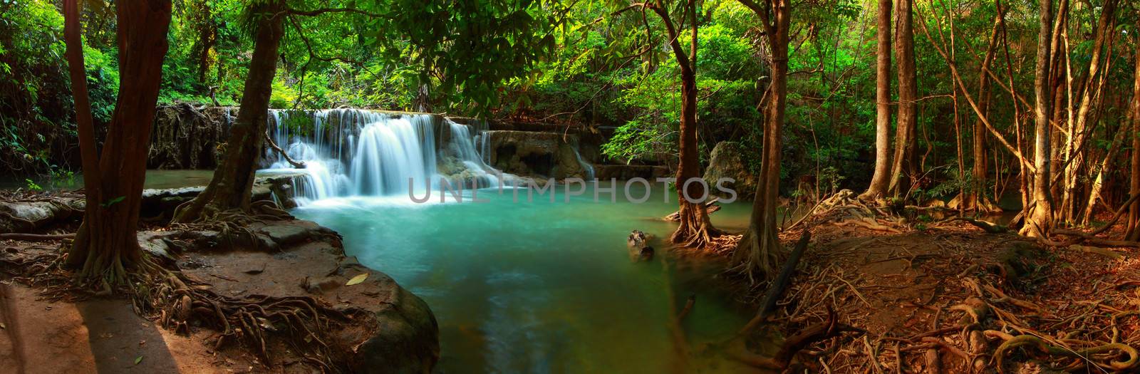 Huay mae kamin waterfall in Kanchanaburi, Thailand, Panorama