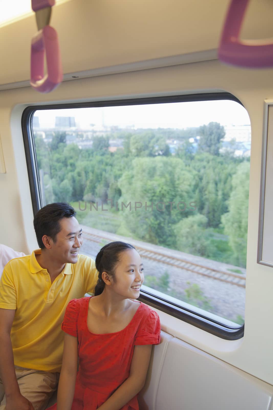 Father and daughter looking through the window in the subway  by XiXinXing
