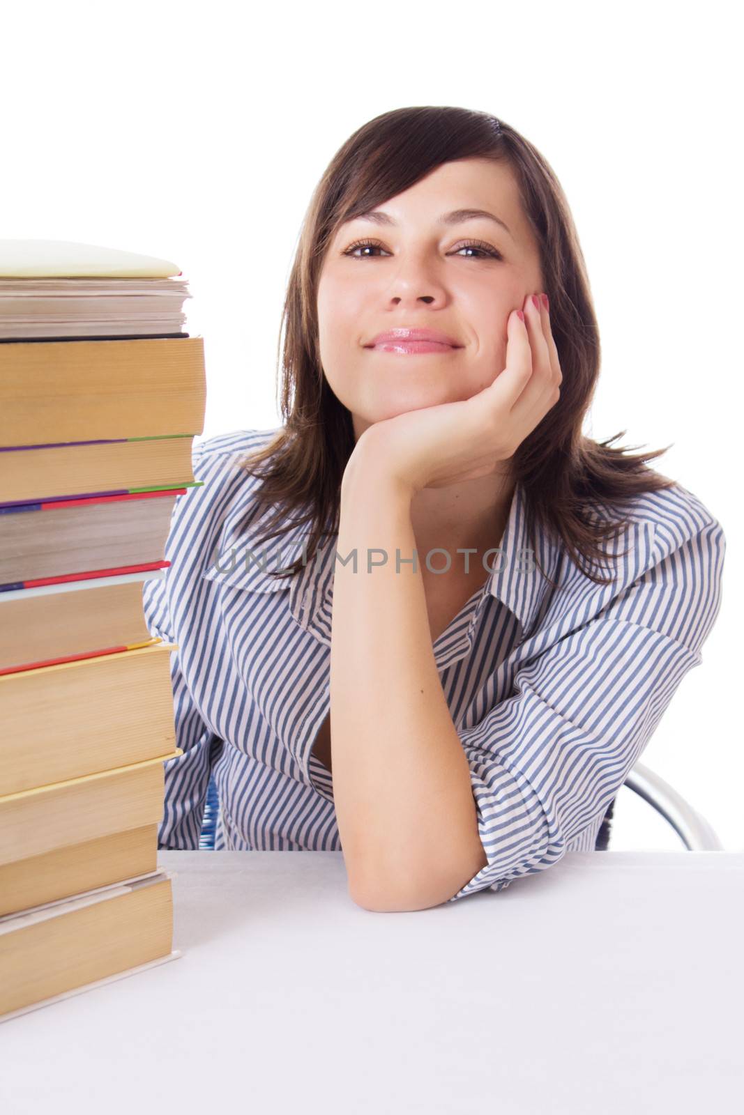 Smiling student girl with pile of books by Angel_a