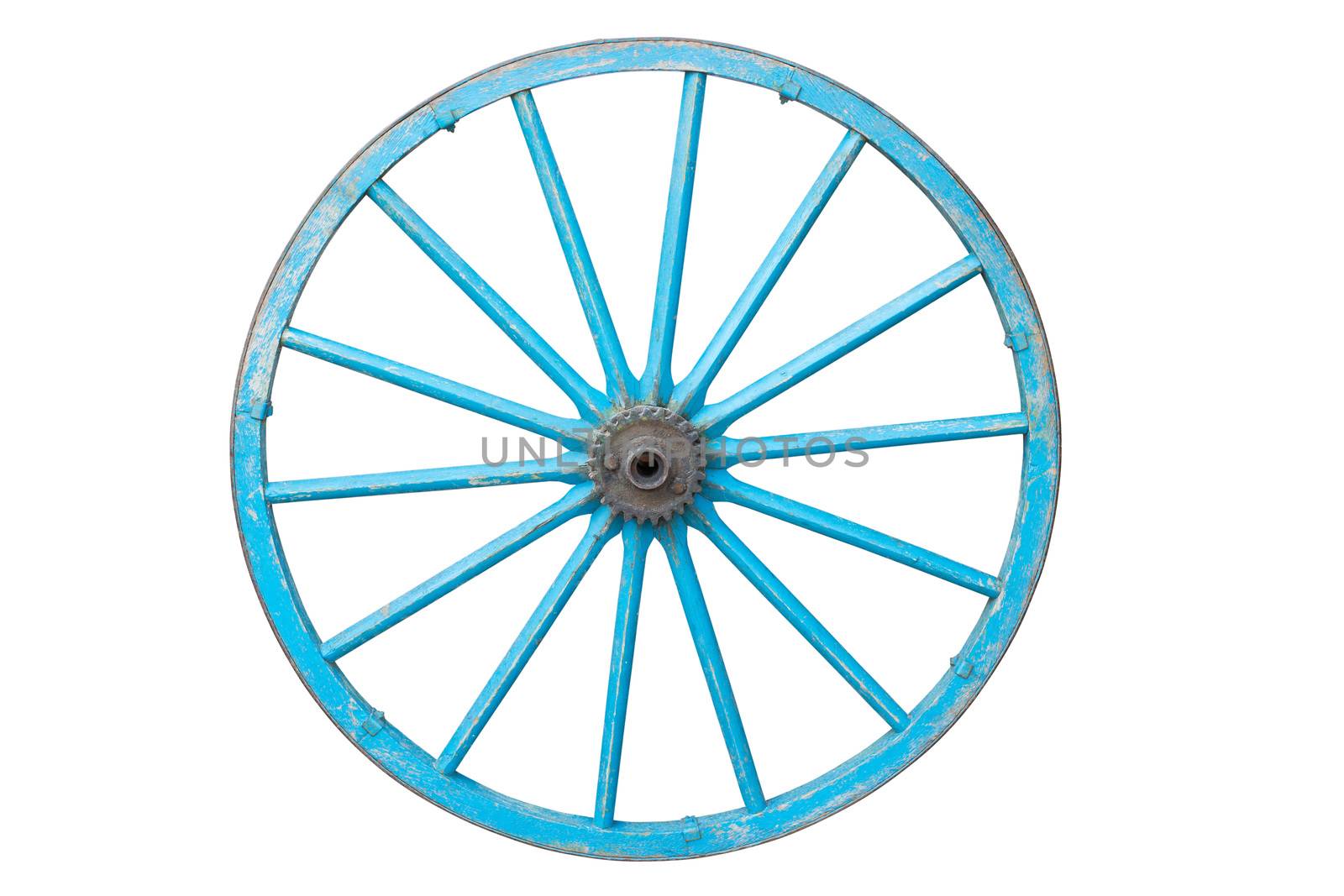 An old  blue wagon wheel - isolated on white background