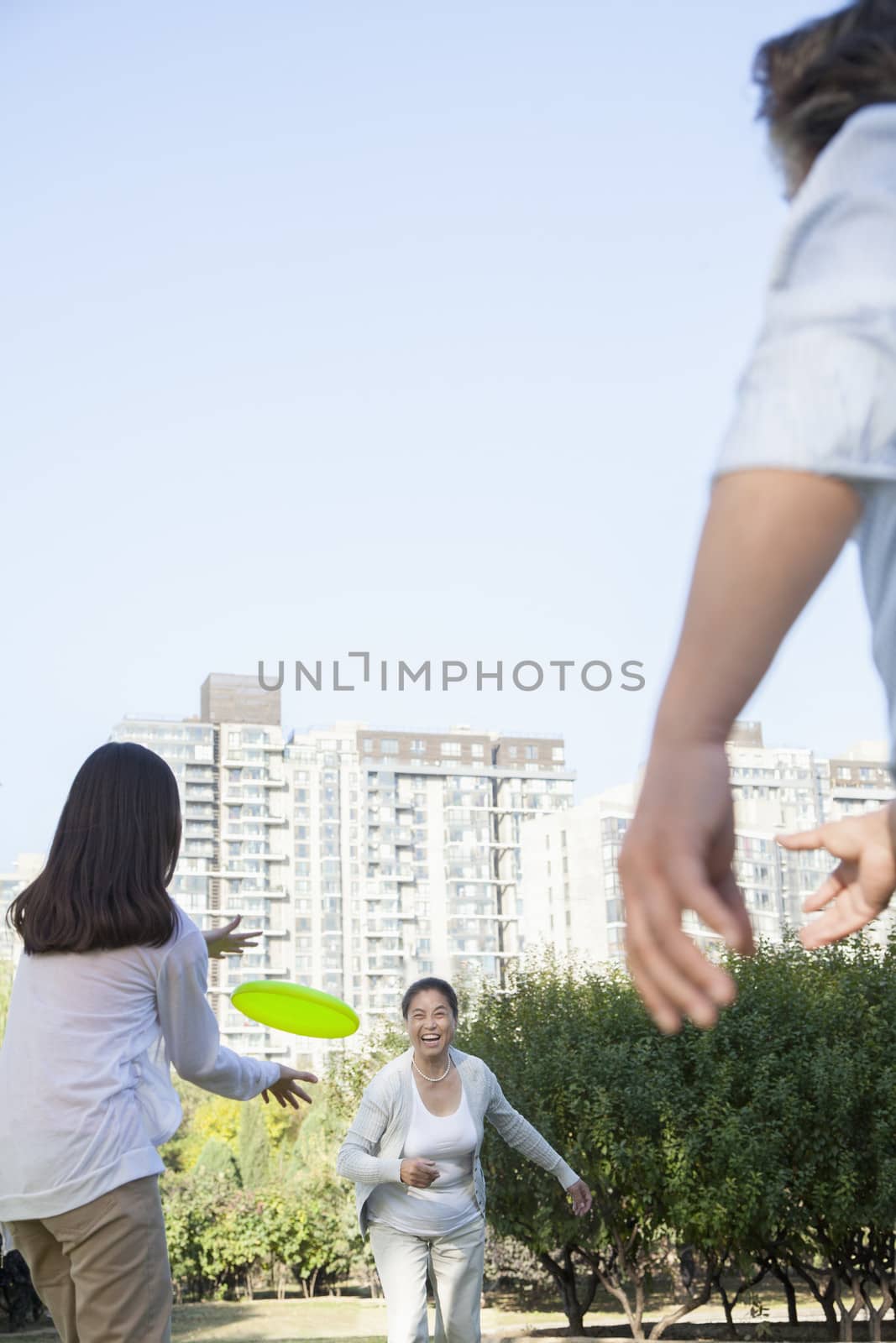 Granddaughter with grandparents playing Frisbee in the park  by XiXinXing