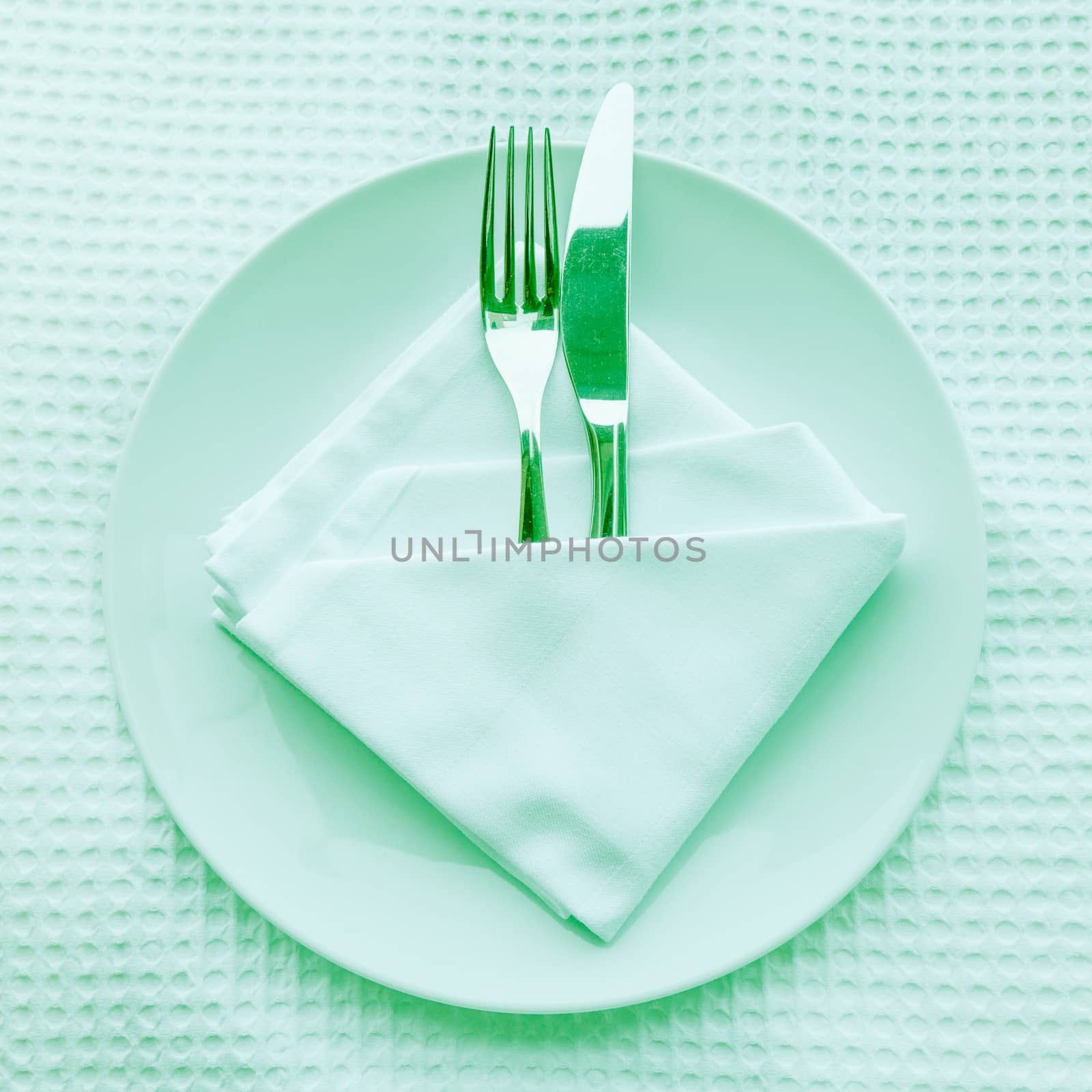 Fork and knife on plate, Color Retro Style.