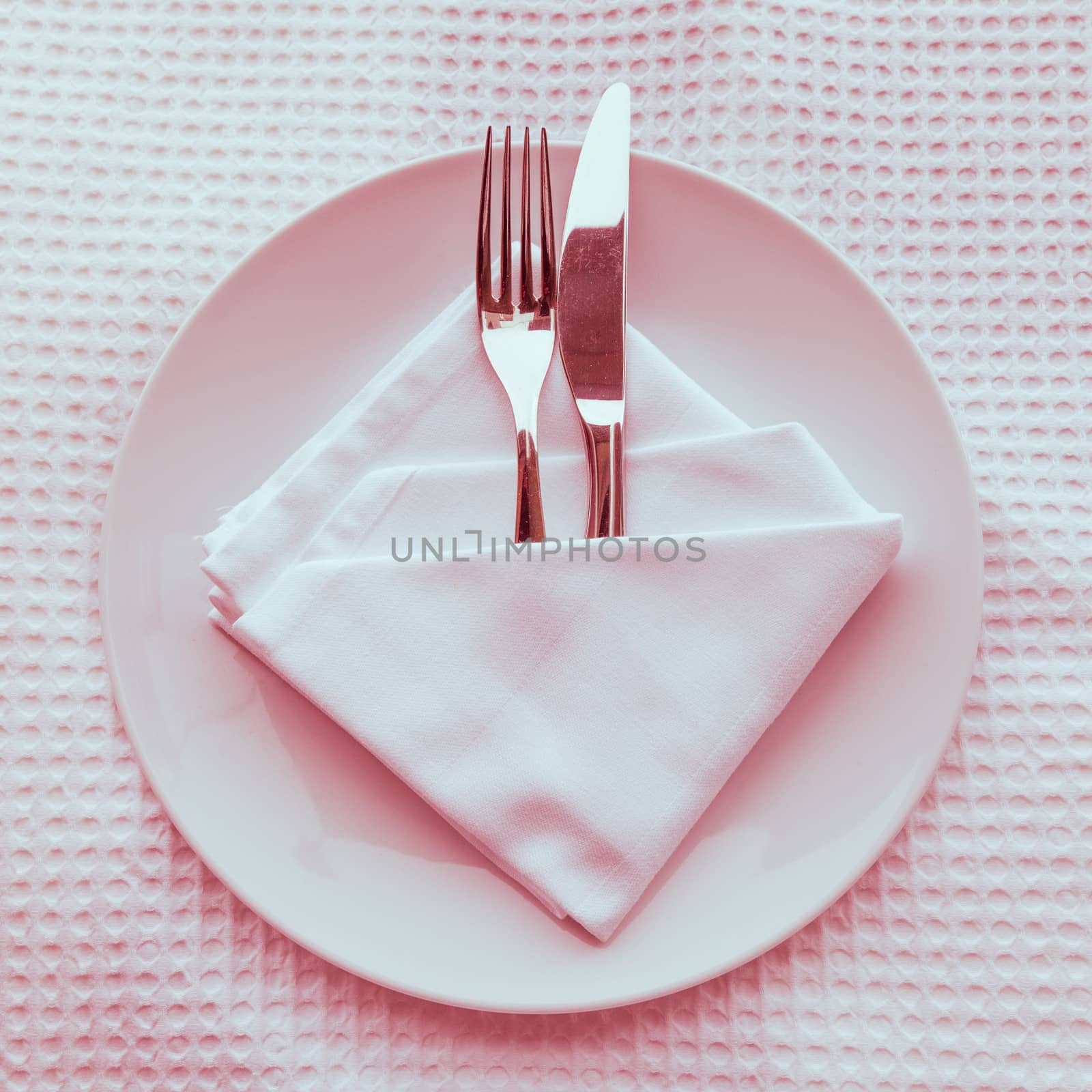 Fork and knife on plate, Color Retro Style. by jame_j@homail.com