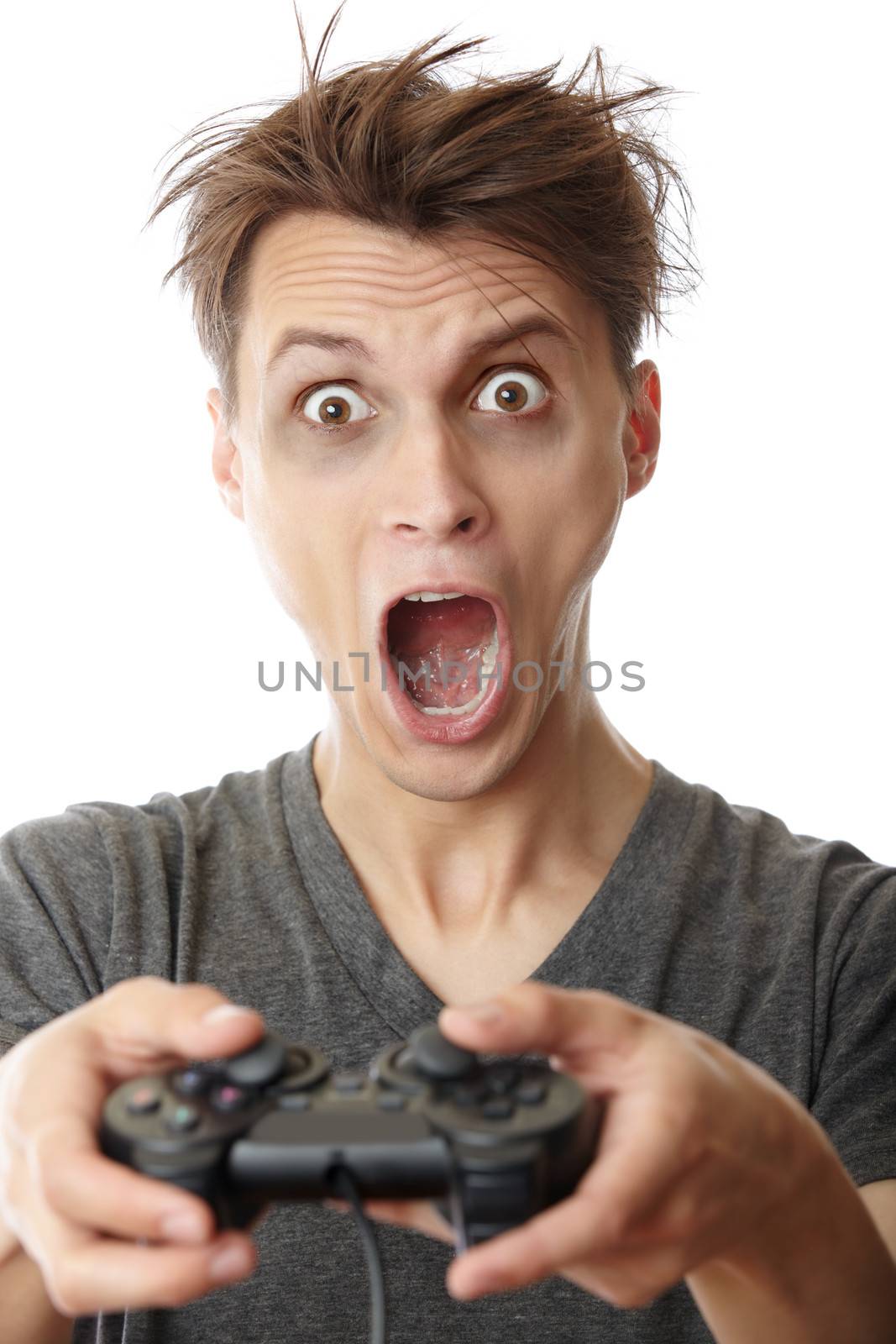 Crazy man in trouble playing video game using joystick