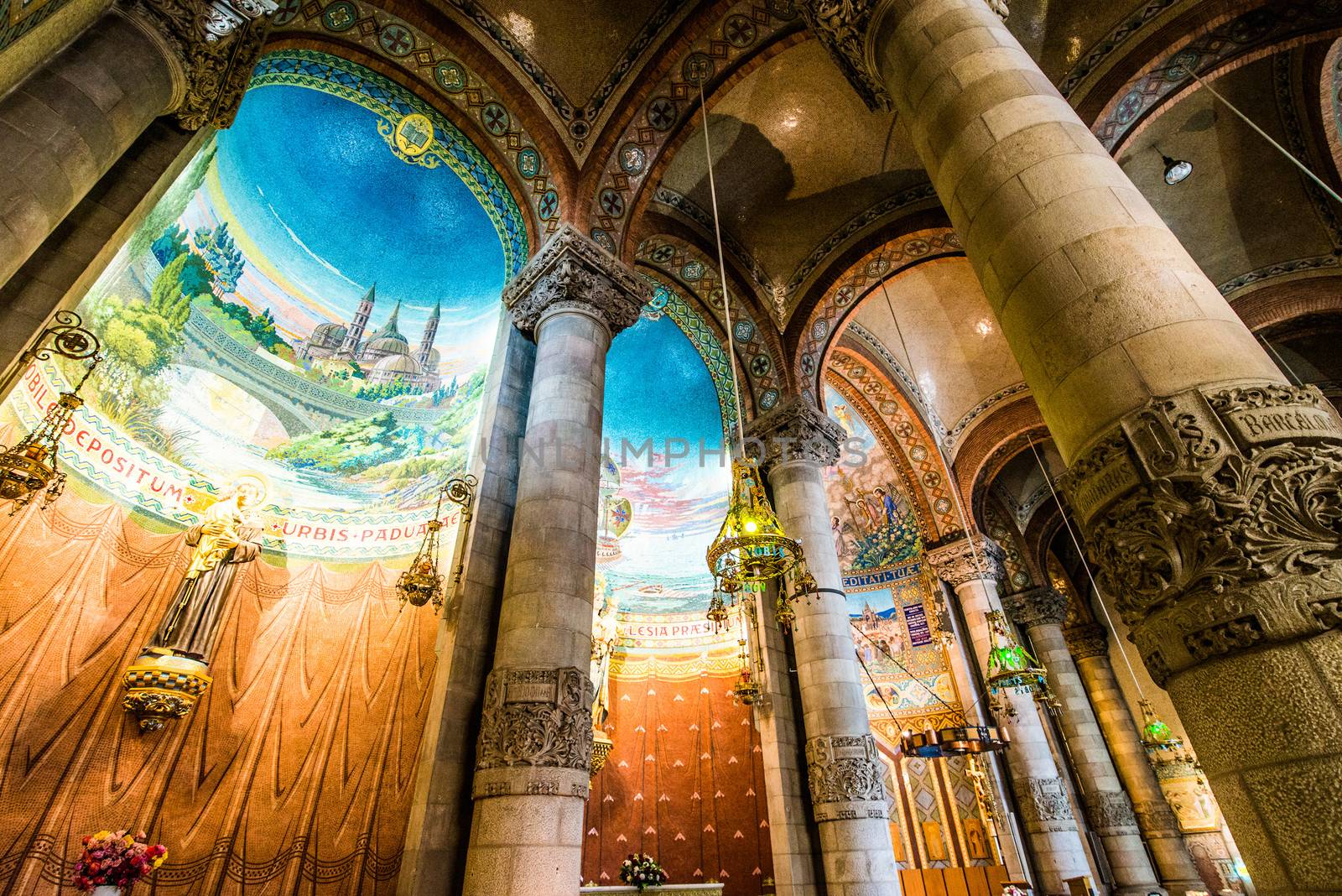 BARCELONA - JUNE 07: Interior of Temple Expiatori del Sagrat Cor on June 07, 2013 in Barcelona, Spain. The construction of the temple lasted from 1902 to 1961.