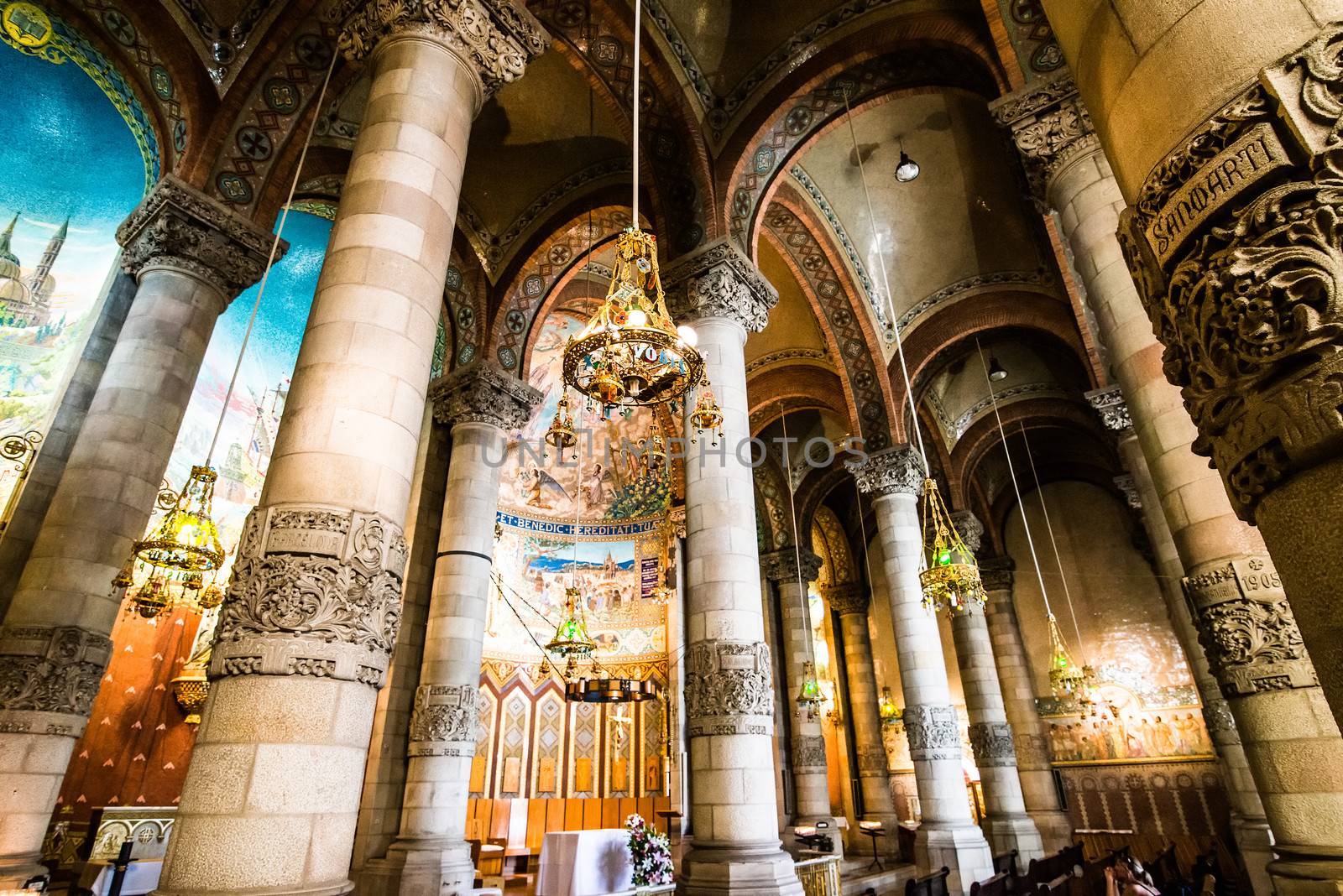 BARCELONA - JUNE 07: Interior of Temple Expiatori del Sagrat Cor on June 07, 2013 in Barcelona, Spain. The construction of the temple lasted from 1902 to 1961.