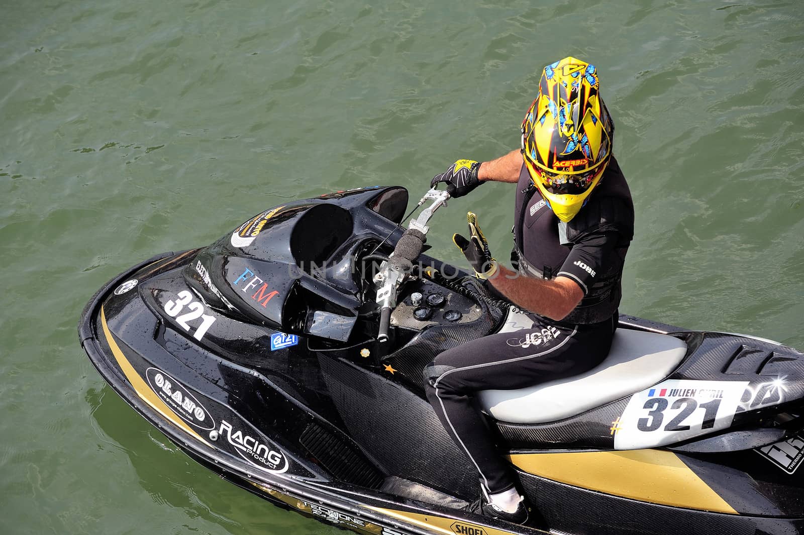 Ales - France - on July 14th, 2013 - Championship of France of Jet Ski on the river Gardon. Julien Cyril right before the departure of the race