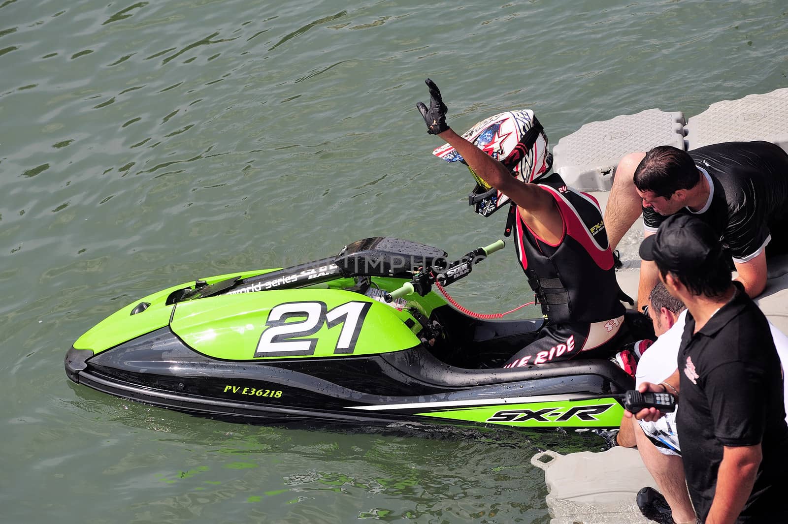 Ales - France - on July 14th, 2013 - Championship of France of Jet Ski on the river Gardon. preparing before the race