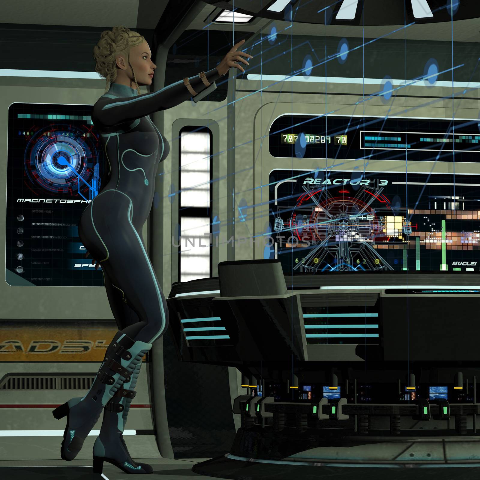A young woman in command of operations on a spaceship uses a hologram to carry out maneuvers in space.