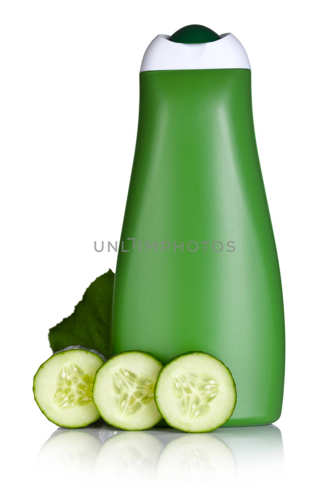 Cucumber shampoo with fresh cucumber slices and leaf on white background