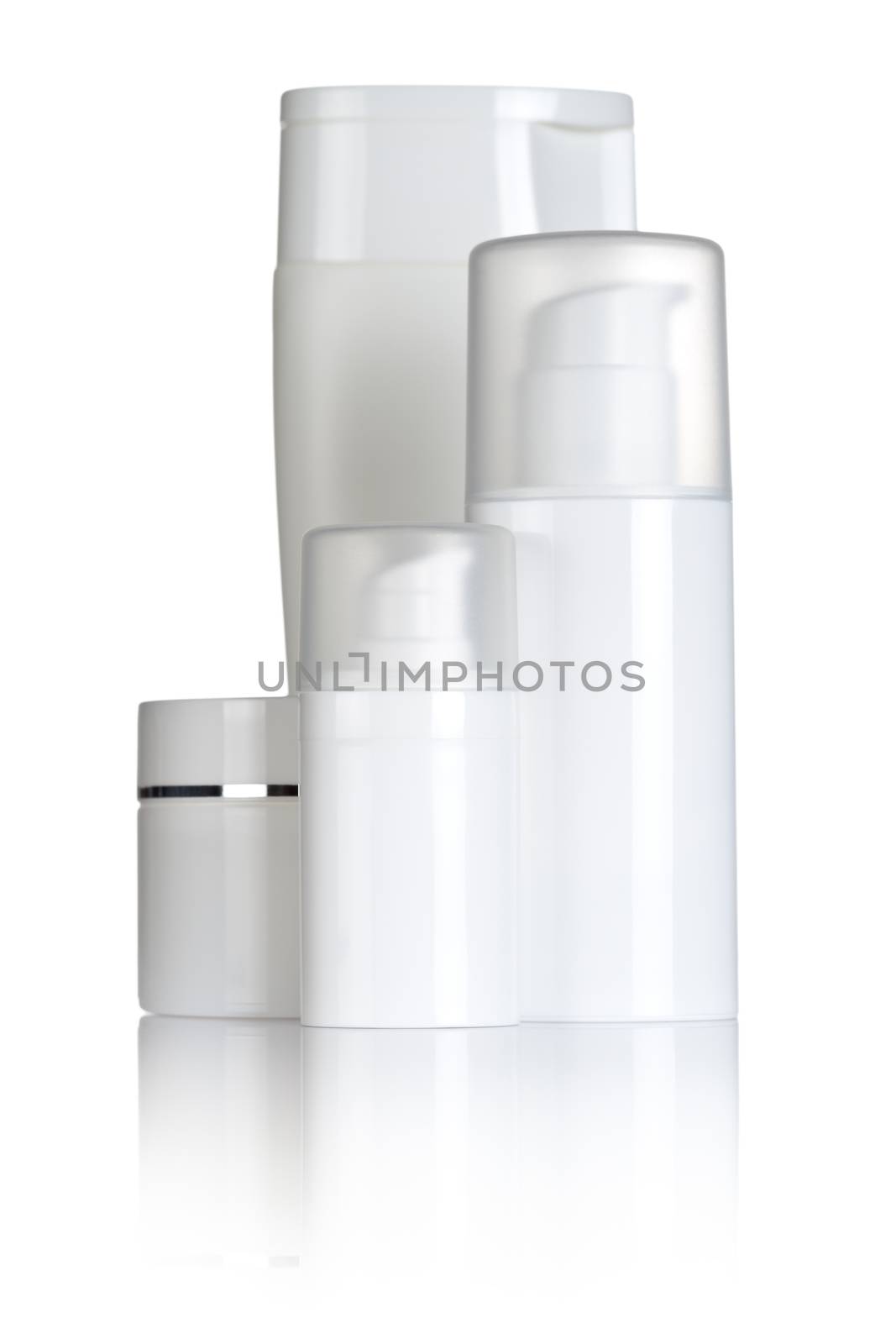 Cosmetic bottles on white background. Health and beauty products