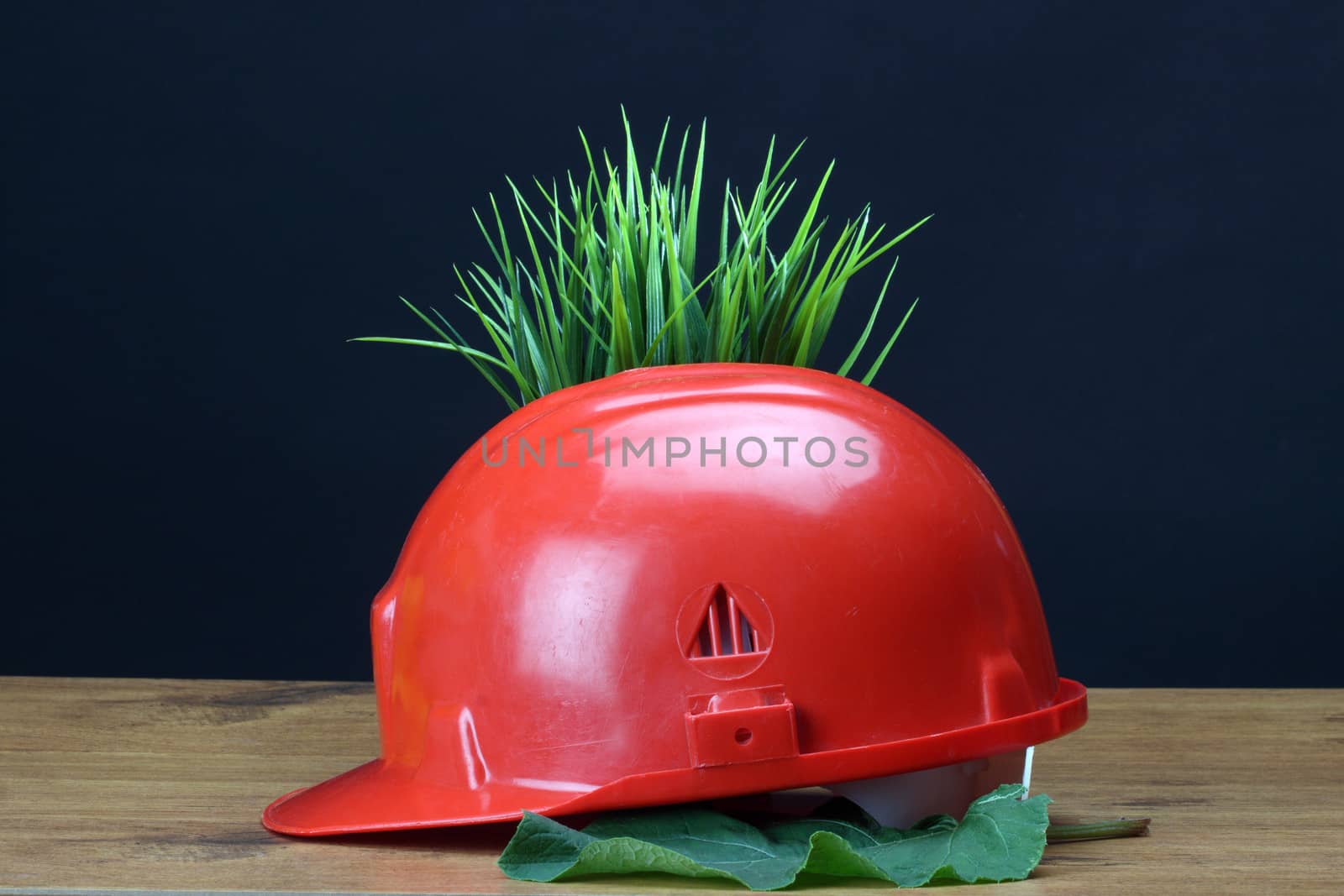 Green grass and red helmet- environmental friendly industry concept