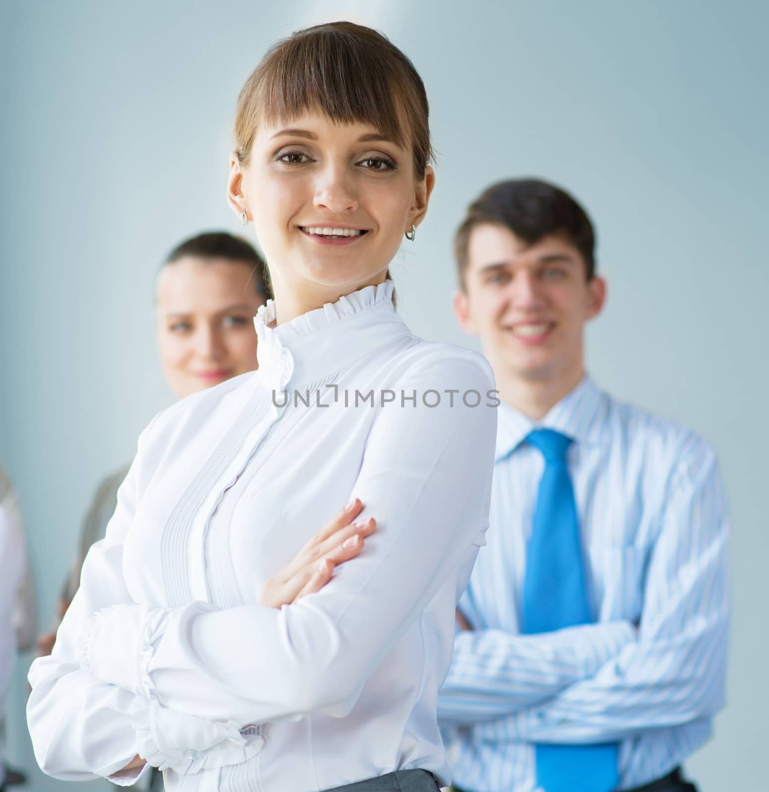 concept of teamwork, business woman crossed her arms over her team