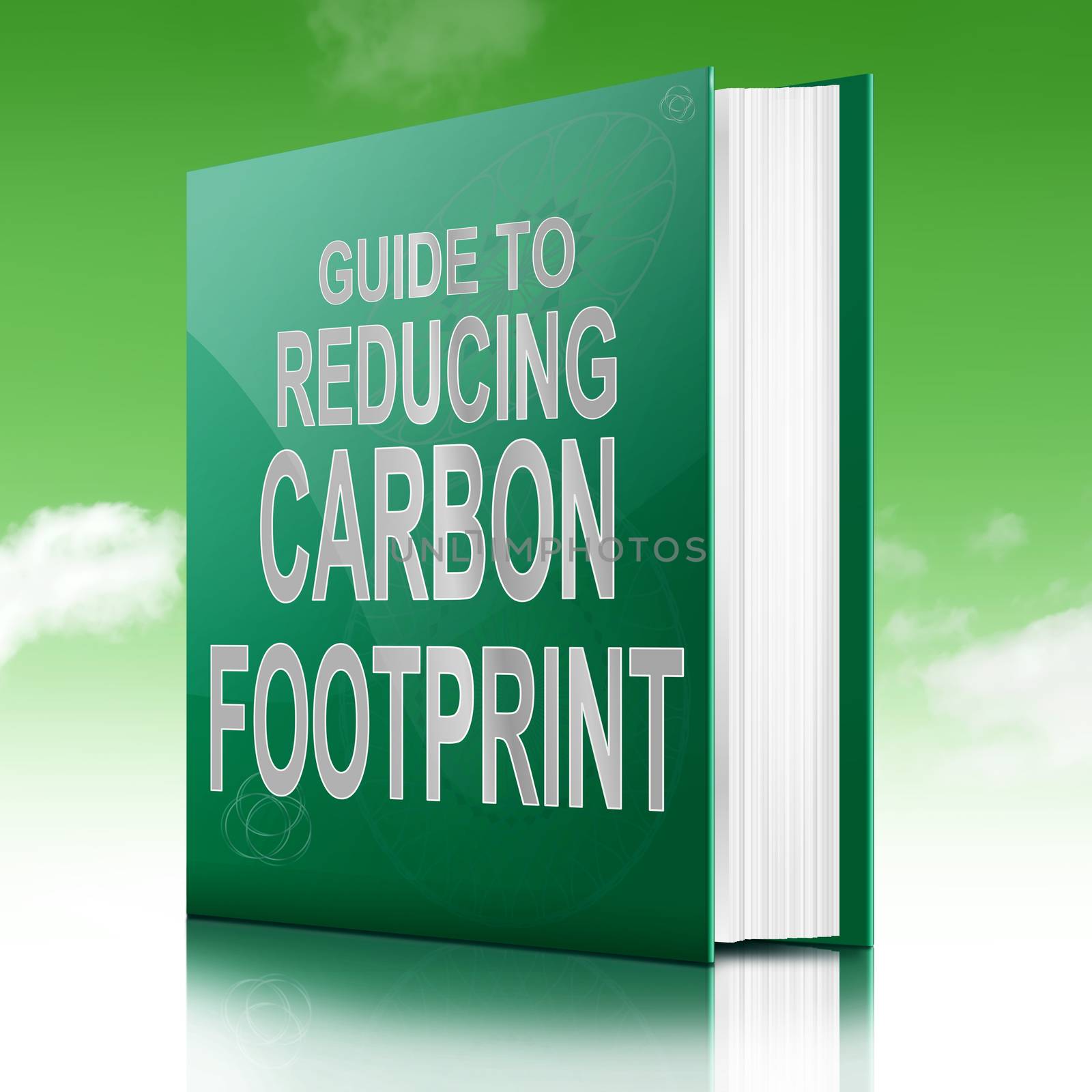 Illustration depicting a book with a carbon footprint concept title. Sky background.
