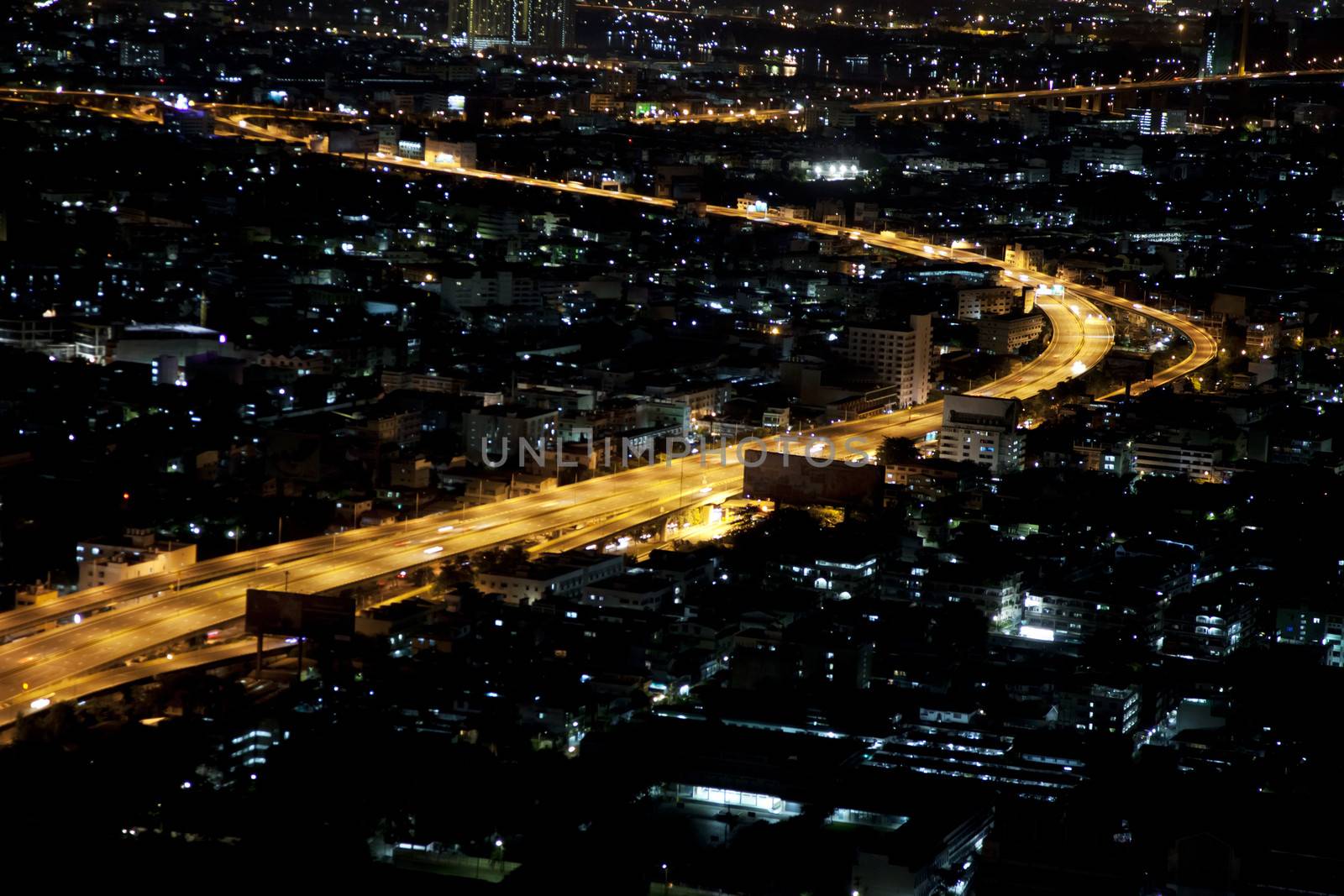 Aerial view of Bangkok city at night in Thailand
