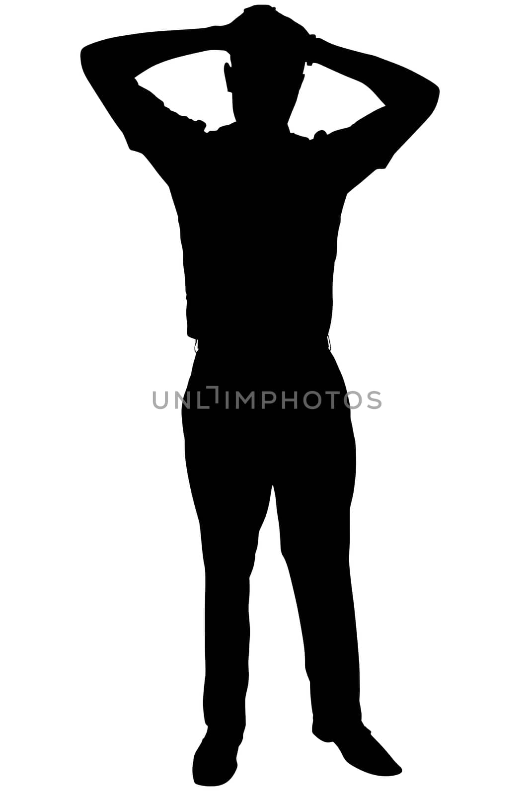 silhouette man in Suit standing with hands on head. Clipping path.