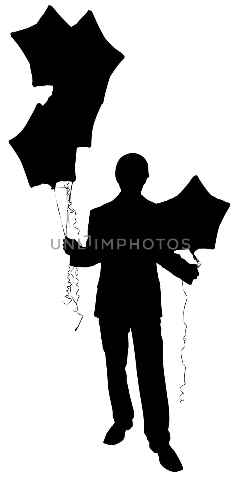 silhouette man in Suit with baloons. Clipping path.