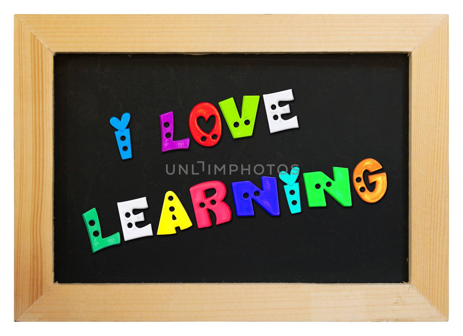 colorful letters with  i love learning with wood frame isolated on white background