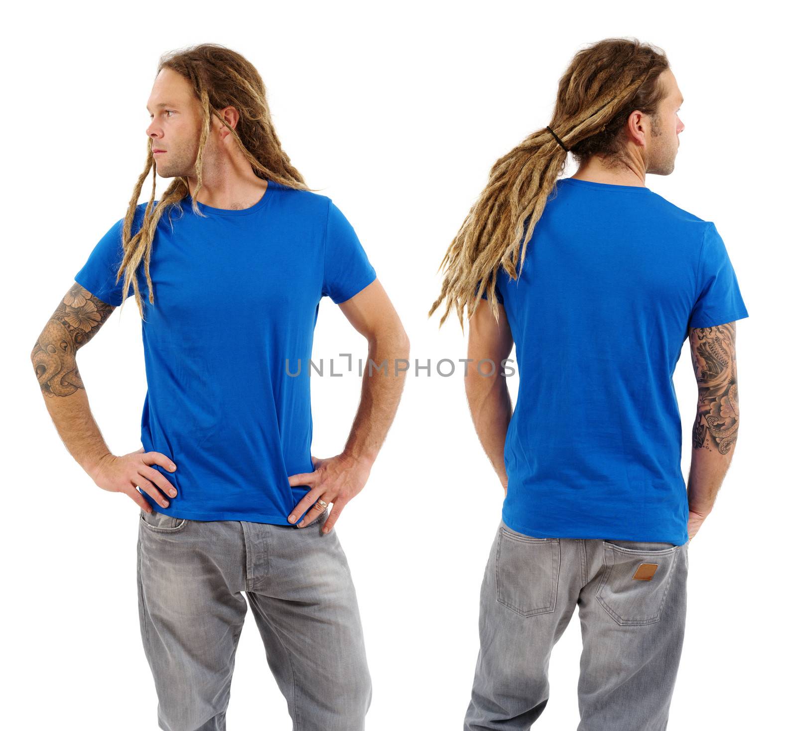 Male with blank blue shirt and dreadlocks by sumners