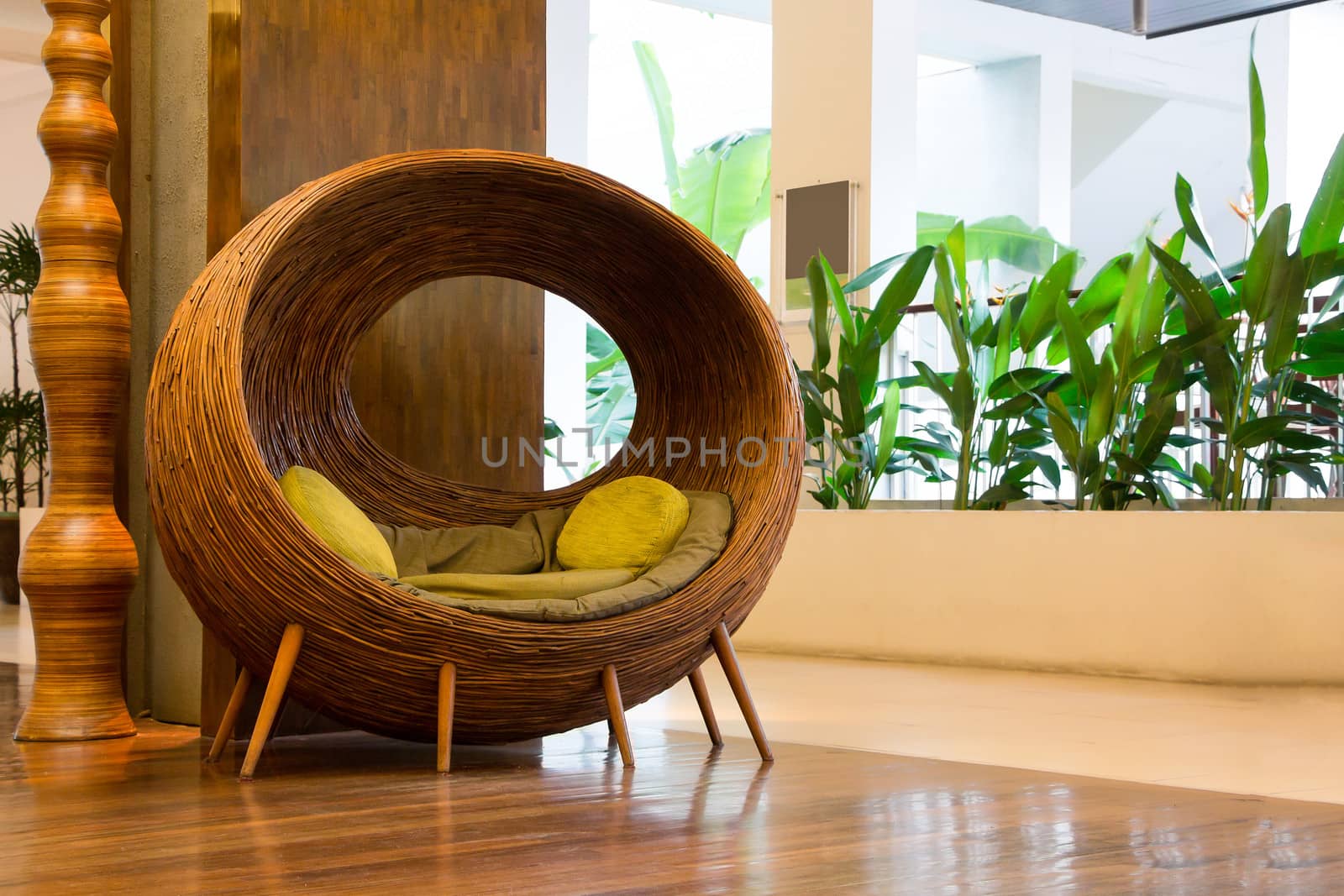 Rattan Sphere Wicker chair in Lobby.