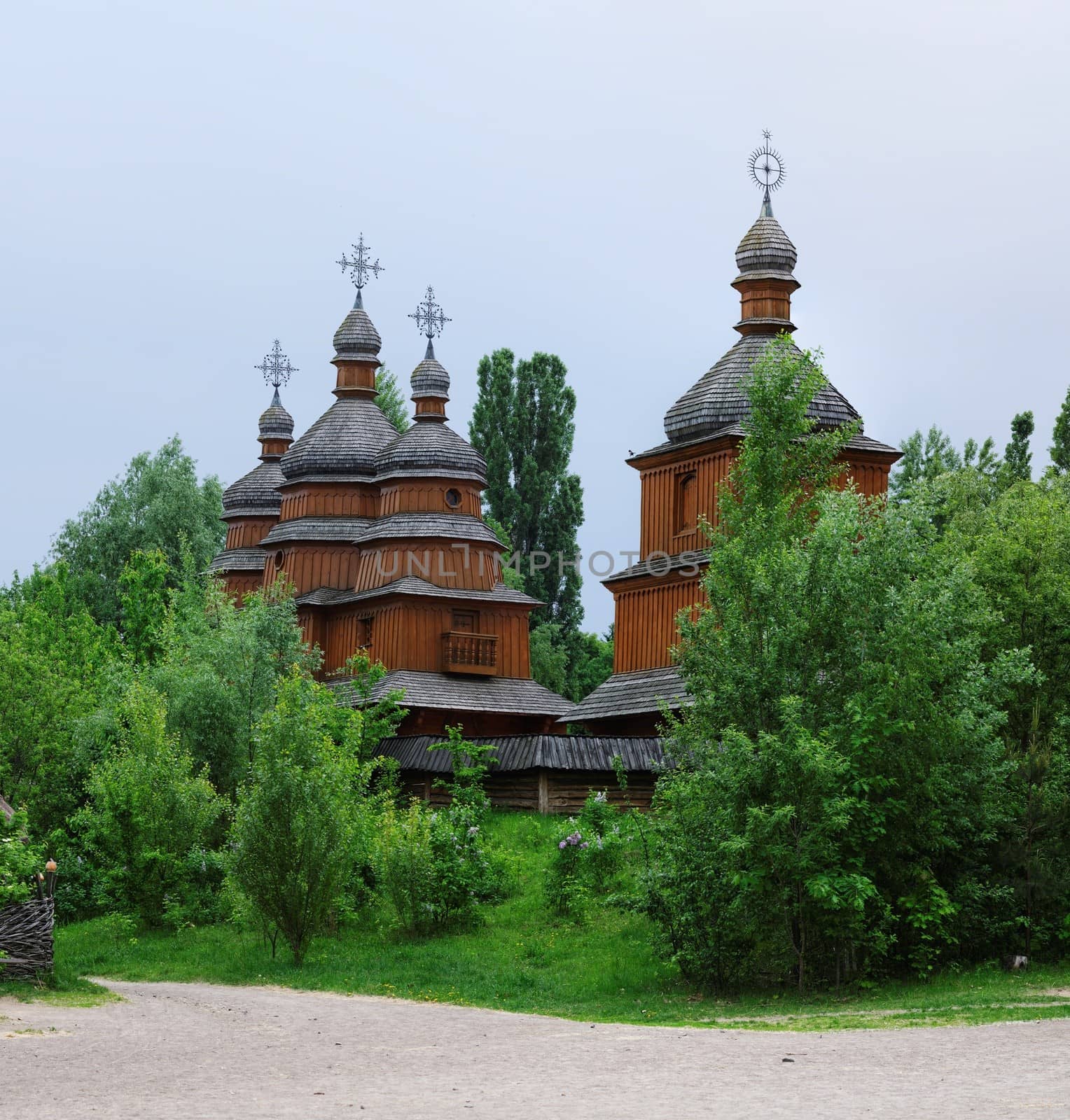 Reconstruction of an ancient wooden church in open air museum, Kiev, Ukraine