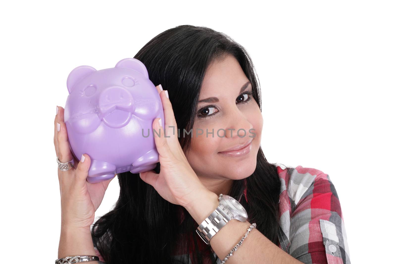 Happy business woman with her savings, isolated