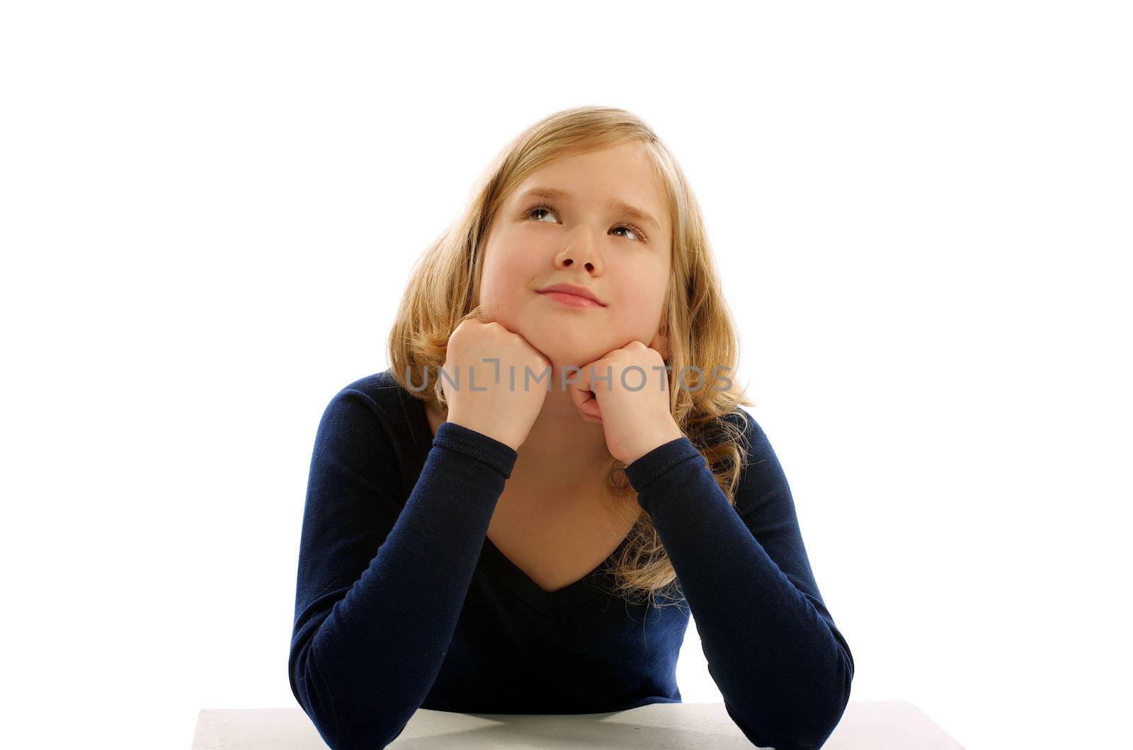 Blonde Girl Leaning on Hands and Dreaming on white background