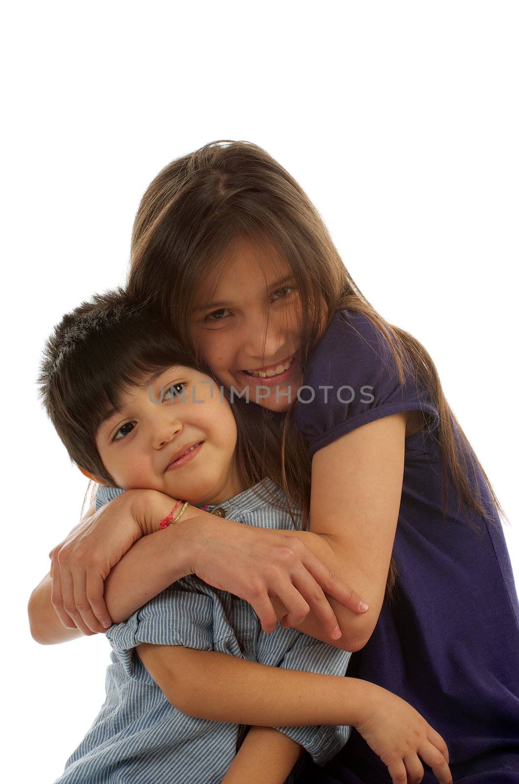 Brother and Sister Embraces on white background