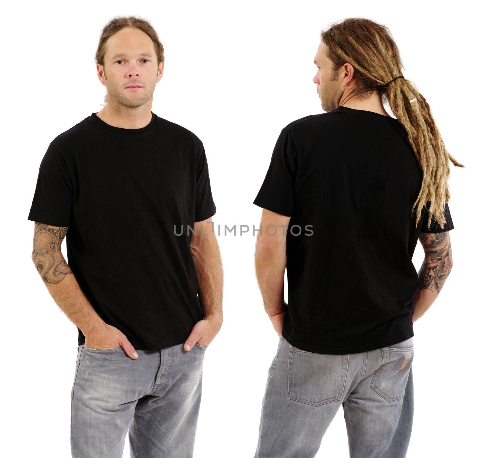 Photo of a male in his early thirties with long dreadlocks and posing with a blank black shirt.  Front and back views ready for your artwork or designs.
