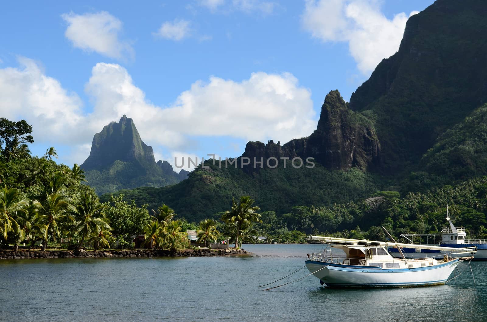 Boat in Cooks Bay with Moua Puta mountain in the background on the tropical pacific island of Moorea, near Tahiti in French Polynesia.