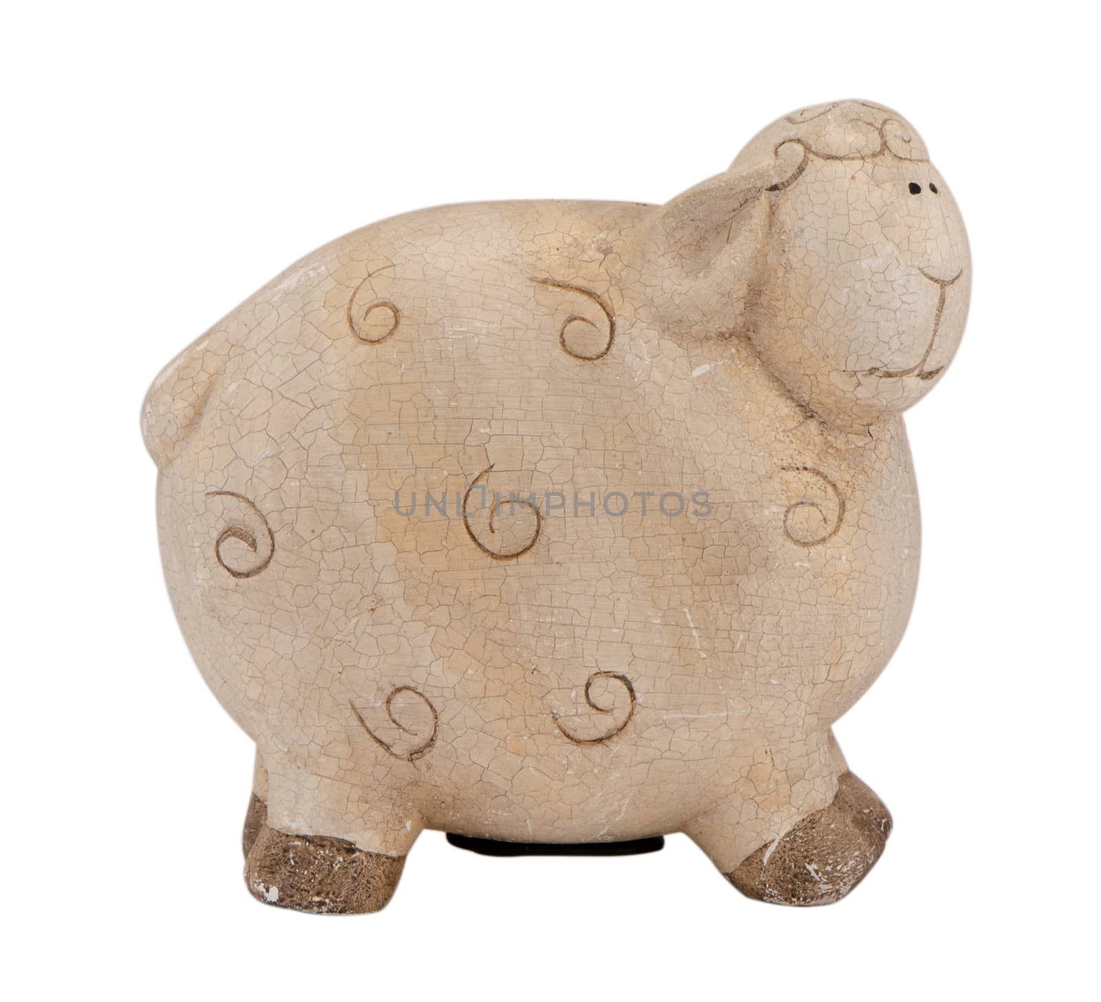 cute clay sheep lamb piggybank money box isolated on white background.