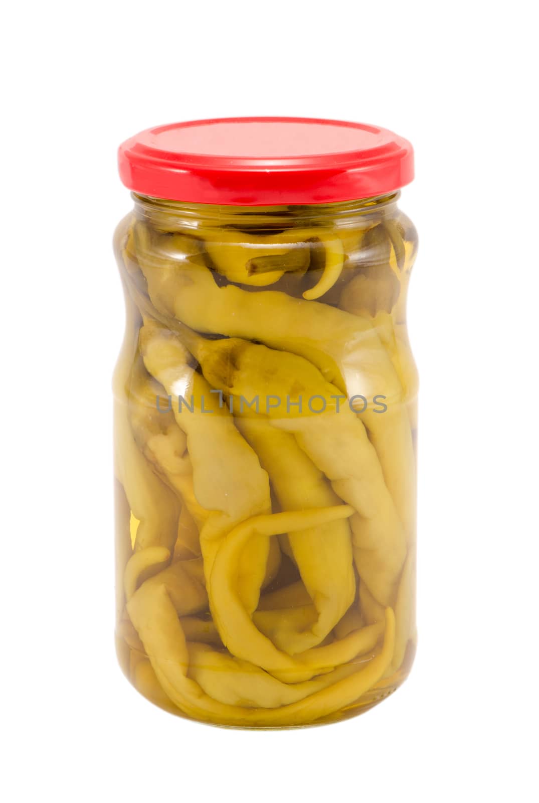 ecologic green chilli peppers paprika preserved in glass pot isolated on white background. healthy natural food. resource for winter time.