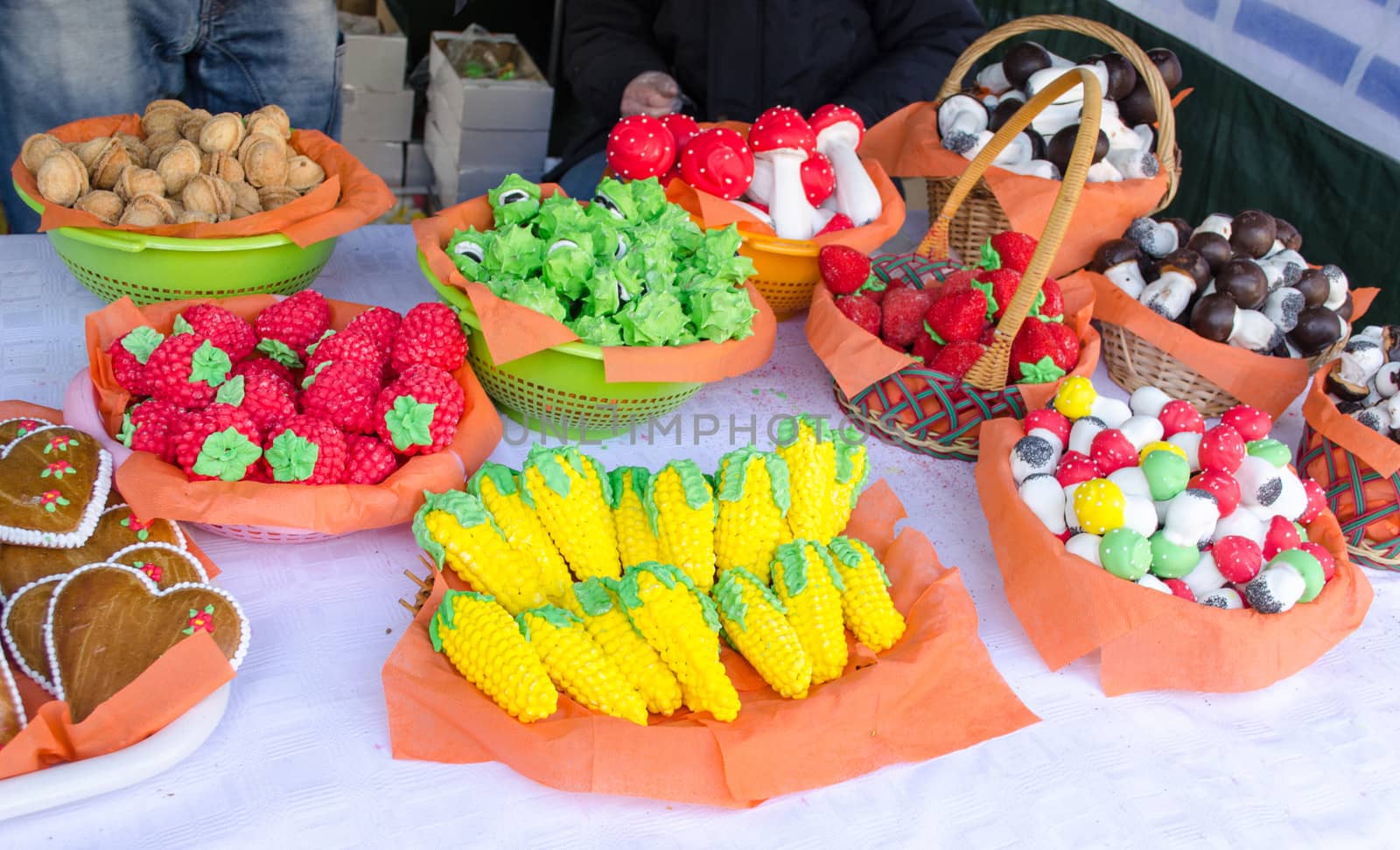 various colorful mushroom corn strawberry chestnut shape sweets sold in market spring fair.