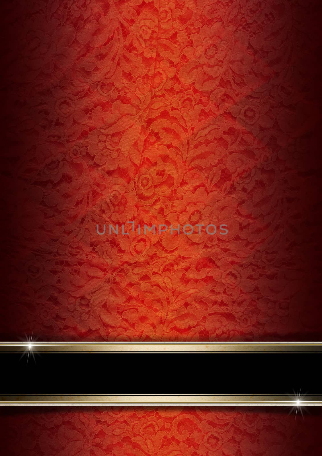 Template of red and orange texture with ornate floral seamless and black plaque with golden frame

