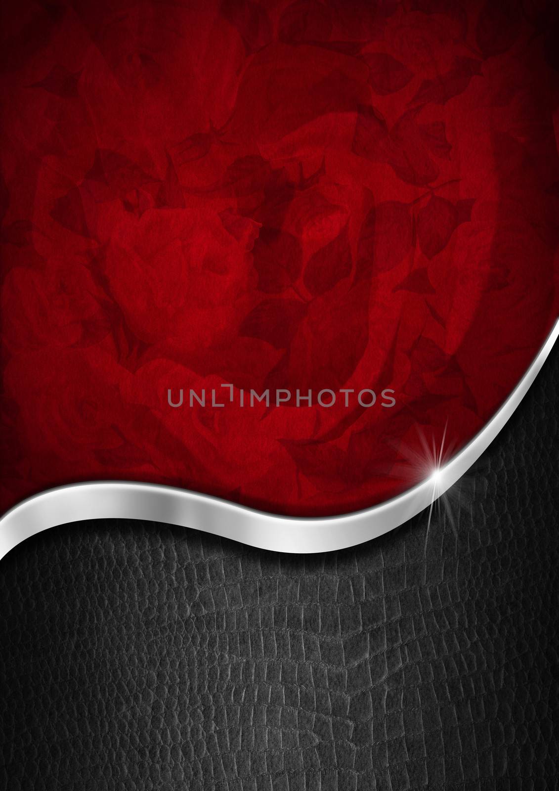 Red texture with ornate floral seamless with metal wave and black background