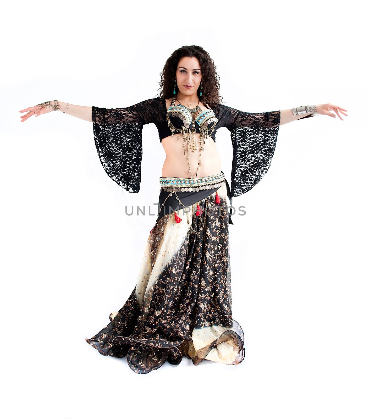 exotic young belly dancer, oriental dance isolated on white background