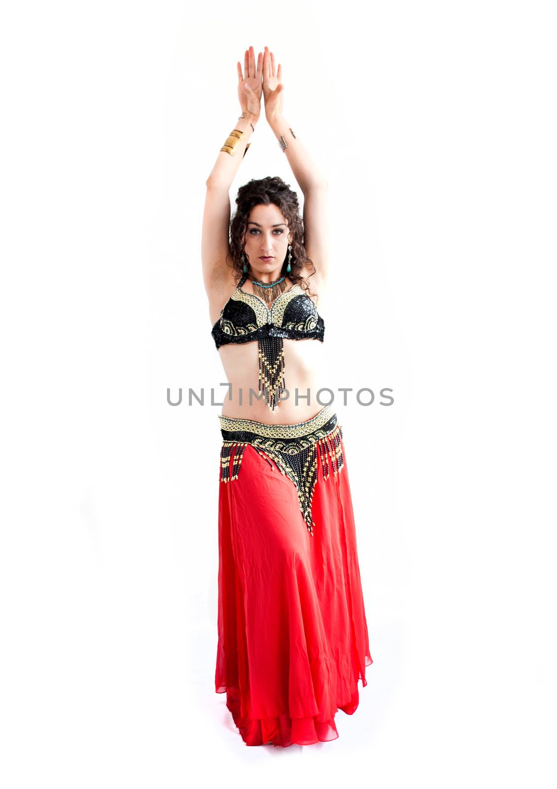 exotic young belly dancer, oriental dance isolated on white background