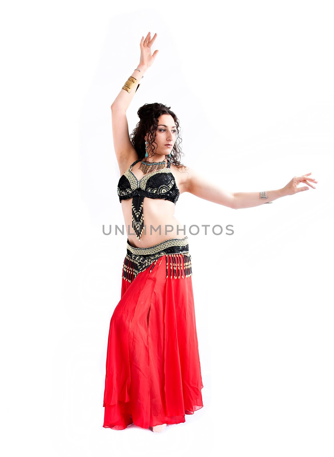 exotic young belly dancer, oriental dance isolated on white background
